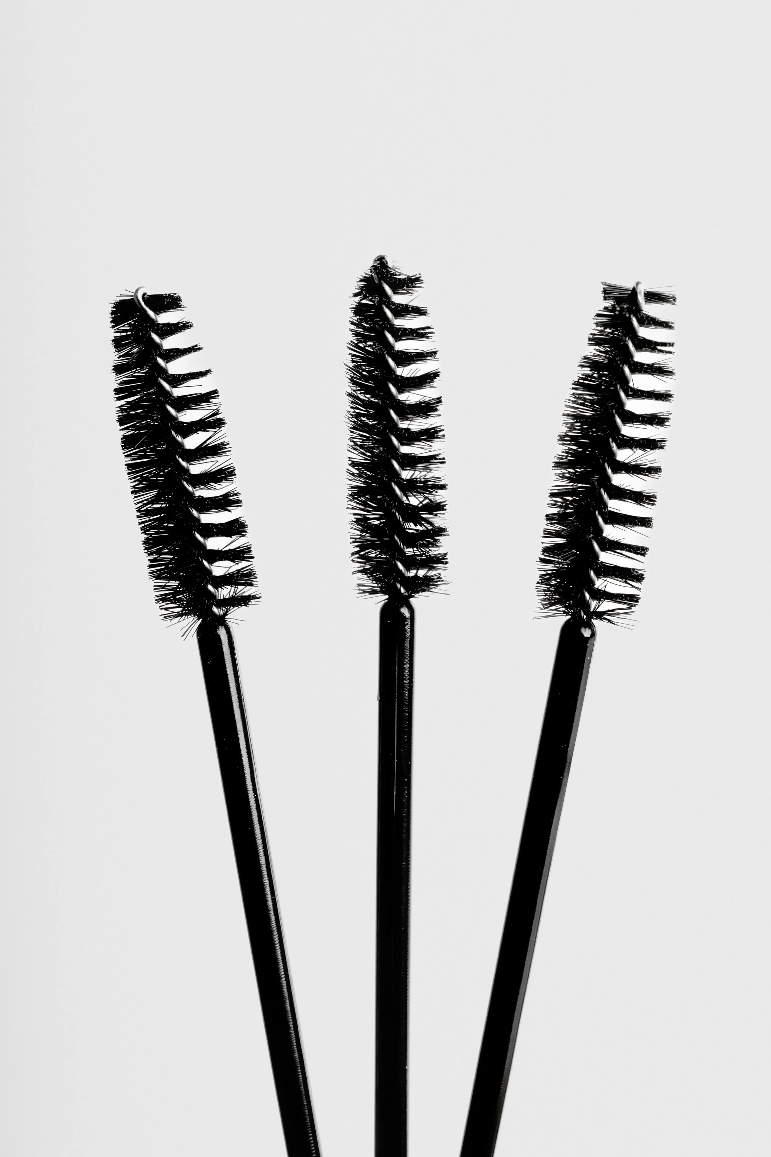 Tre øjenbryn-vippe børster, hver med sort børste, står oprejst mod en hvid baggrund.