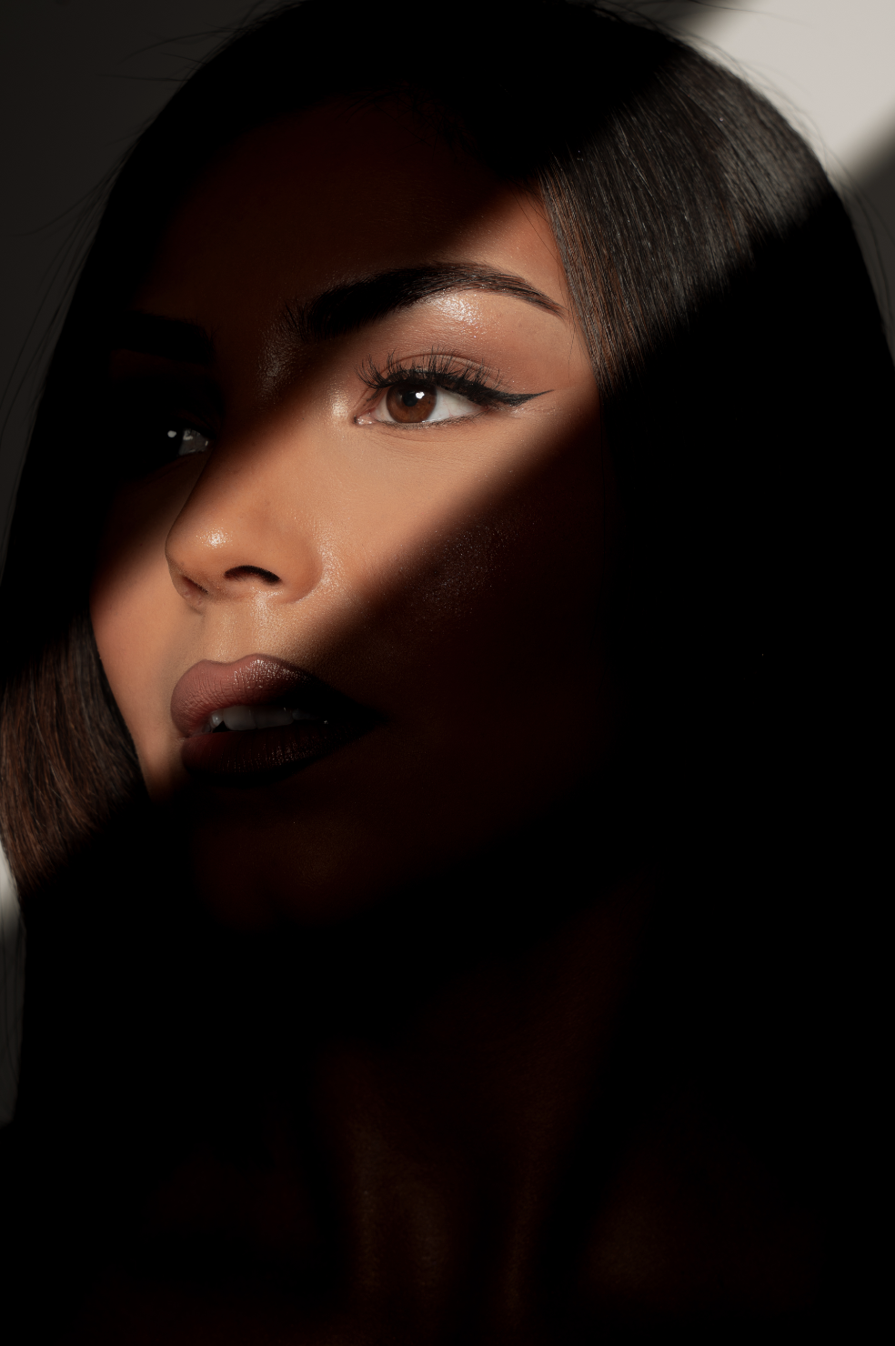 Et portræt af en ung kvinde med mørkt, glat hår, make-up med skarp eyeliner og mørk læbestift, delvist dækket af skygge.