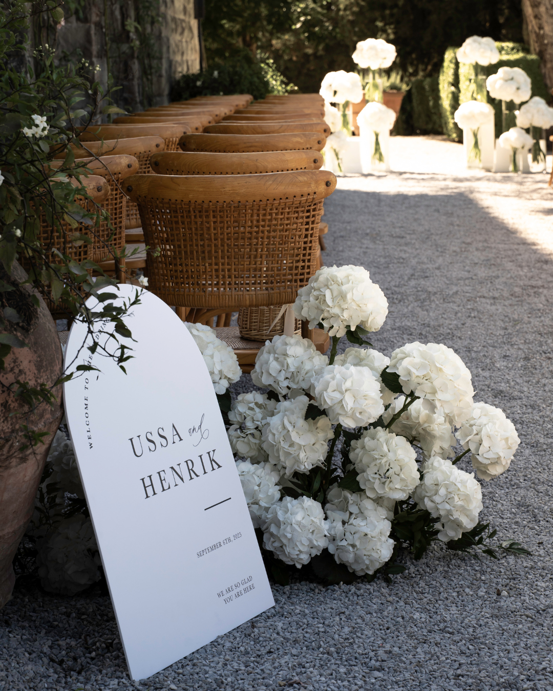 Udendørs bryllupsdekoration med et skilt for brudeparret, mange hvide hvidløgshvide blomster og runde træstole.