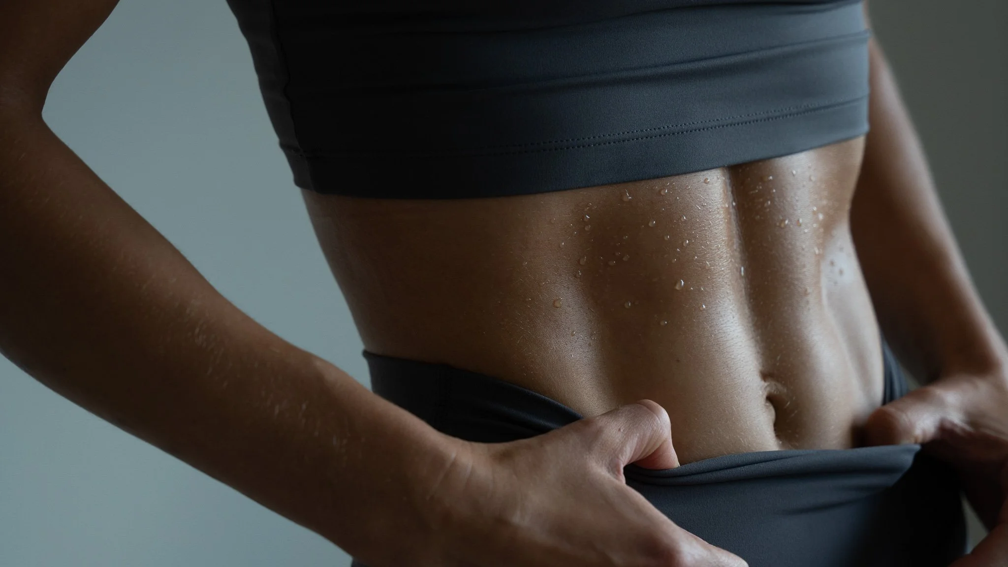 Nærbillede af en persons mave, der er let svedt, iført sportsbeklædning, med fokus på de veltrænede mavemuskler.