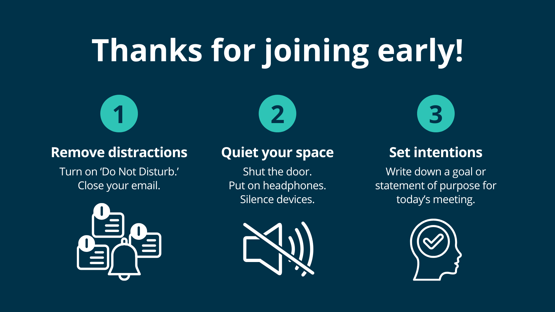 "Do now" slide example with prompts to "remove distractions," "quiet your space," and "set intentions"
