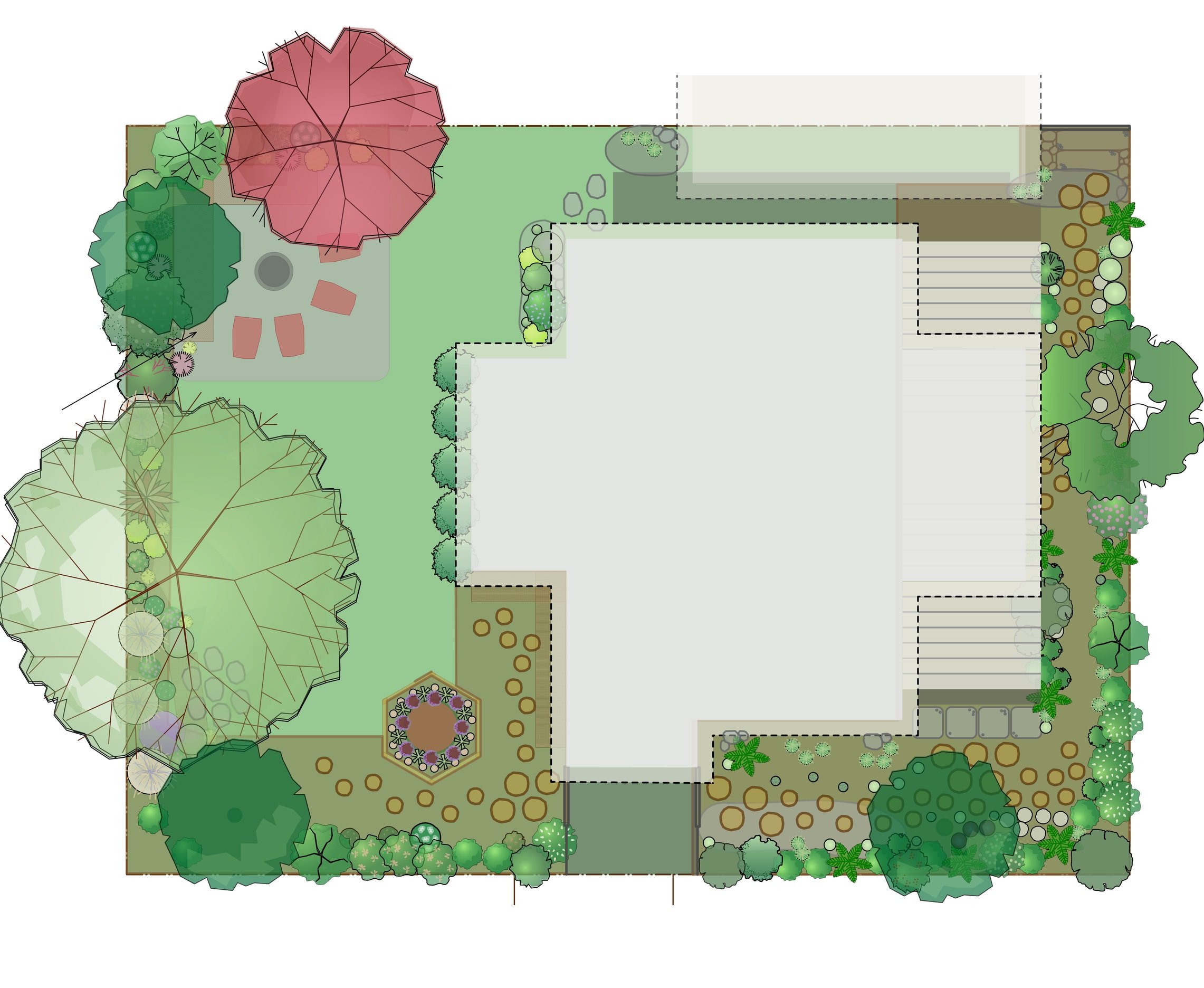 Landscape design plan with paths, trees, and garden areas surrounding a central structure.