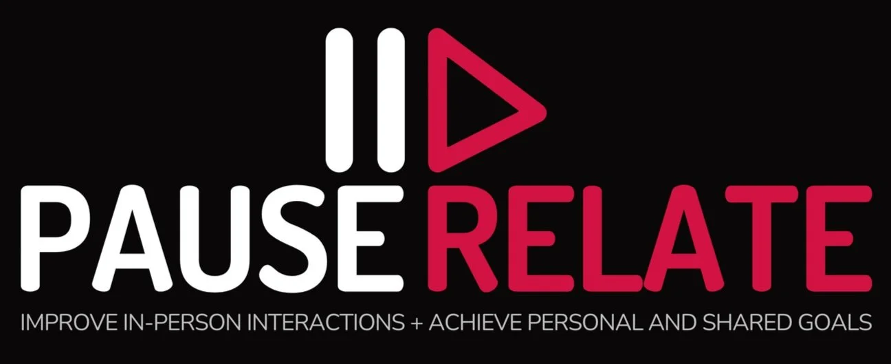 Pause Relate logo with play button icon, and the text 'Improve in-person interactions + achieve personal and shared goals'.