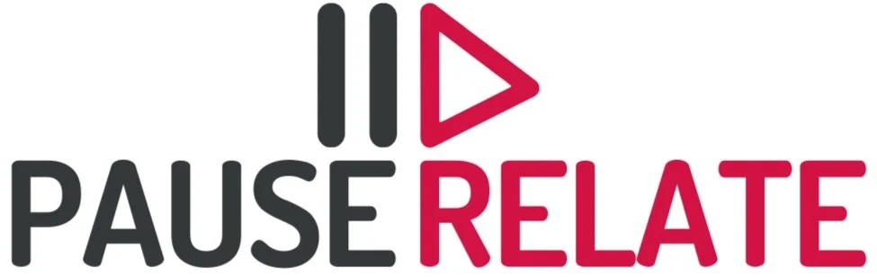 Logo with the words 'Pause' and 'Relate' and icons of pause and play buttons.