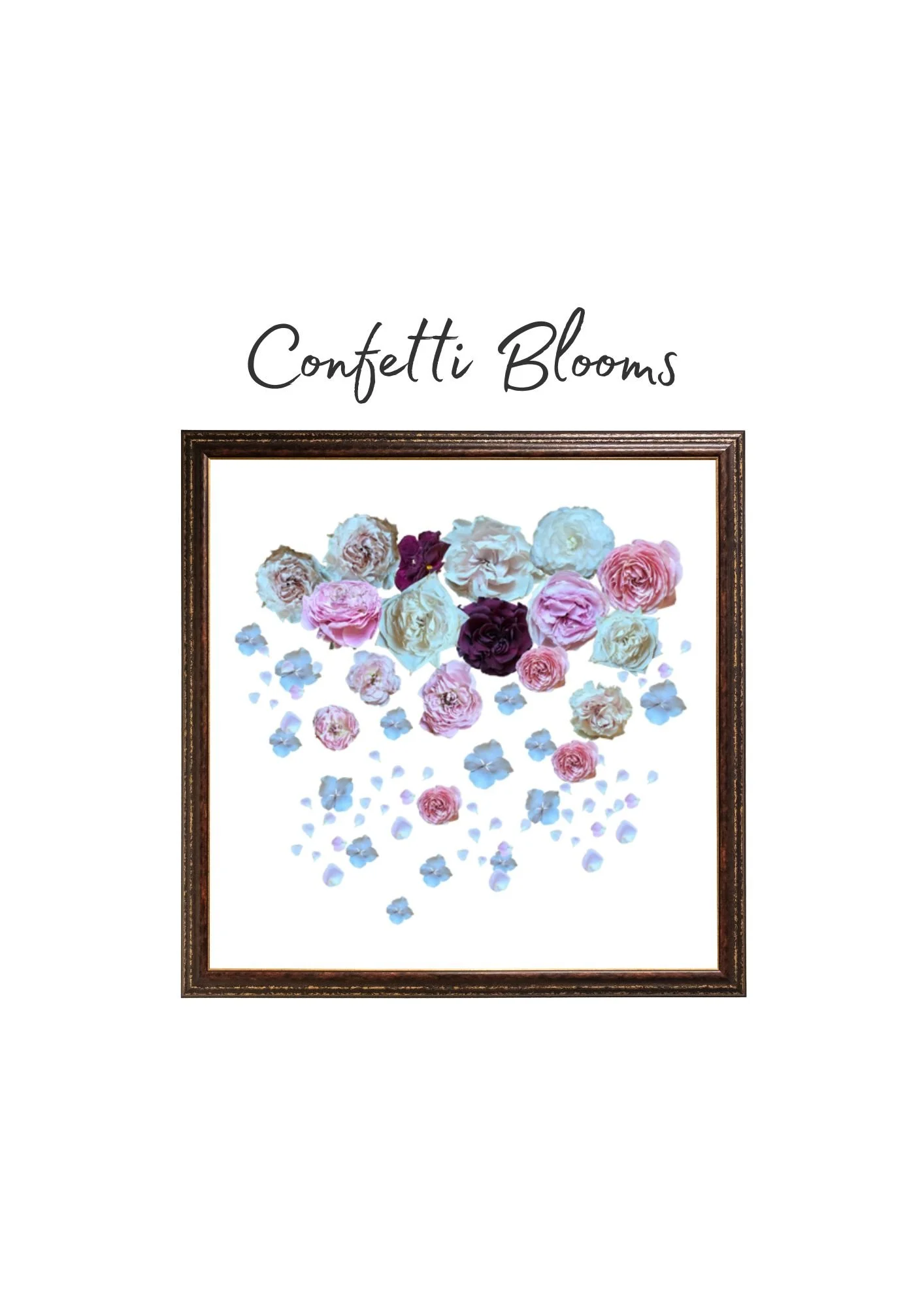 A framed floral artwork featuring a variety of pink, white, cream, and purple flowers with scattered light blue petals, labeled 'Confetti Blooms' at the top.