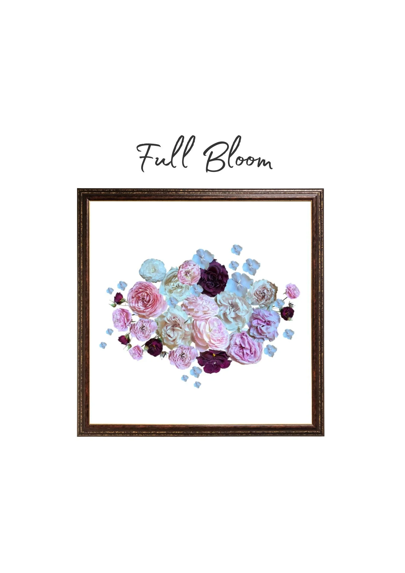 A framed floral artwork featuring a bouquet of pink, white, and dark purple flowers under the text 'Full Bloom' on a white background.