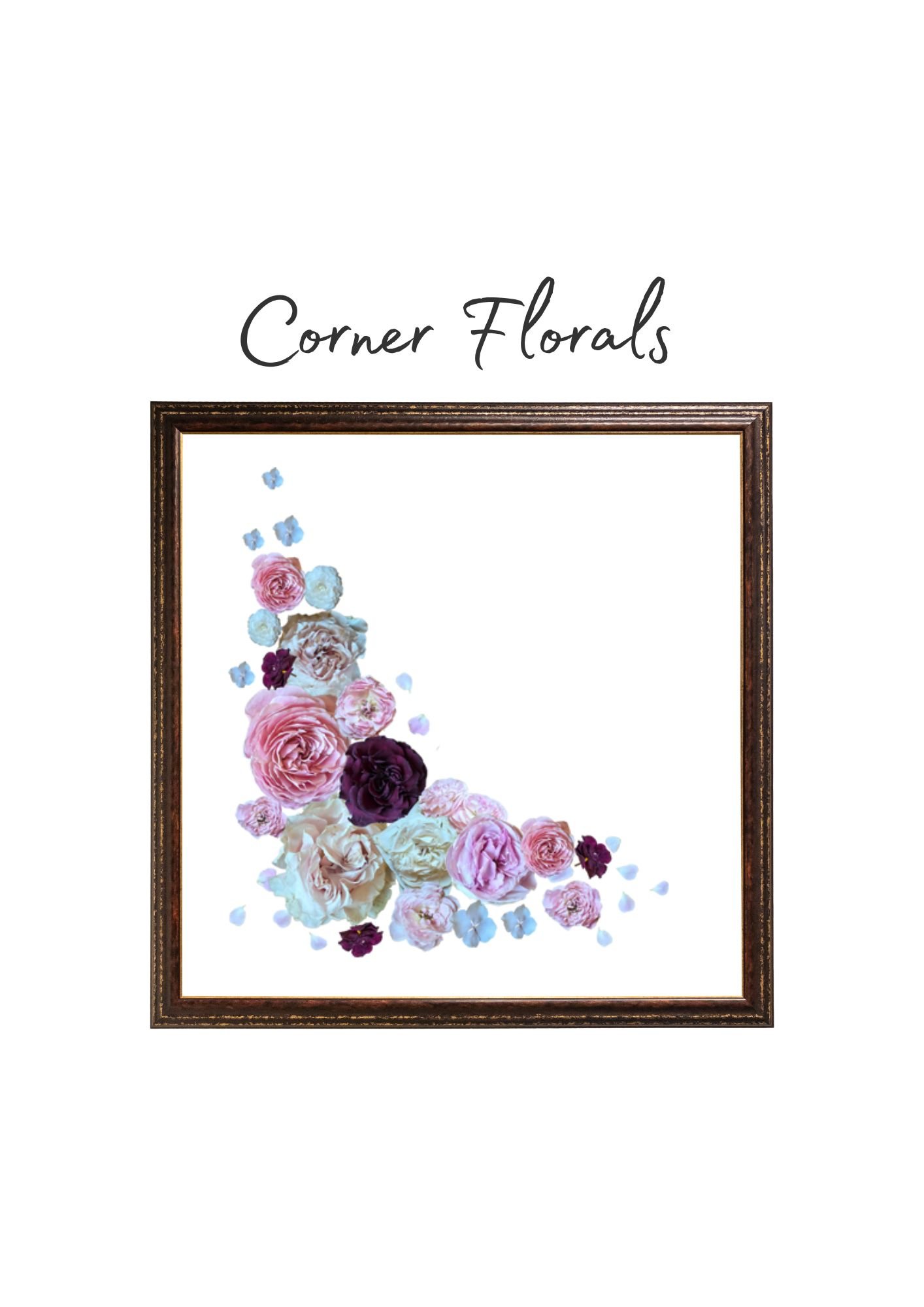 A framed floral artwork with pink, white, purple, and blue flowers arranged in a semi-circle, accompanied by blue and purple flower petals, on a white background.