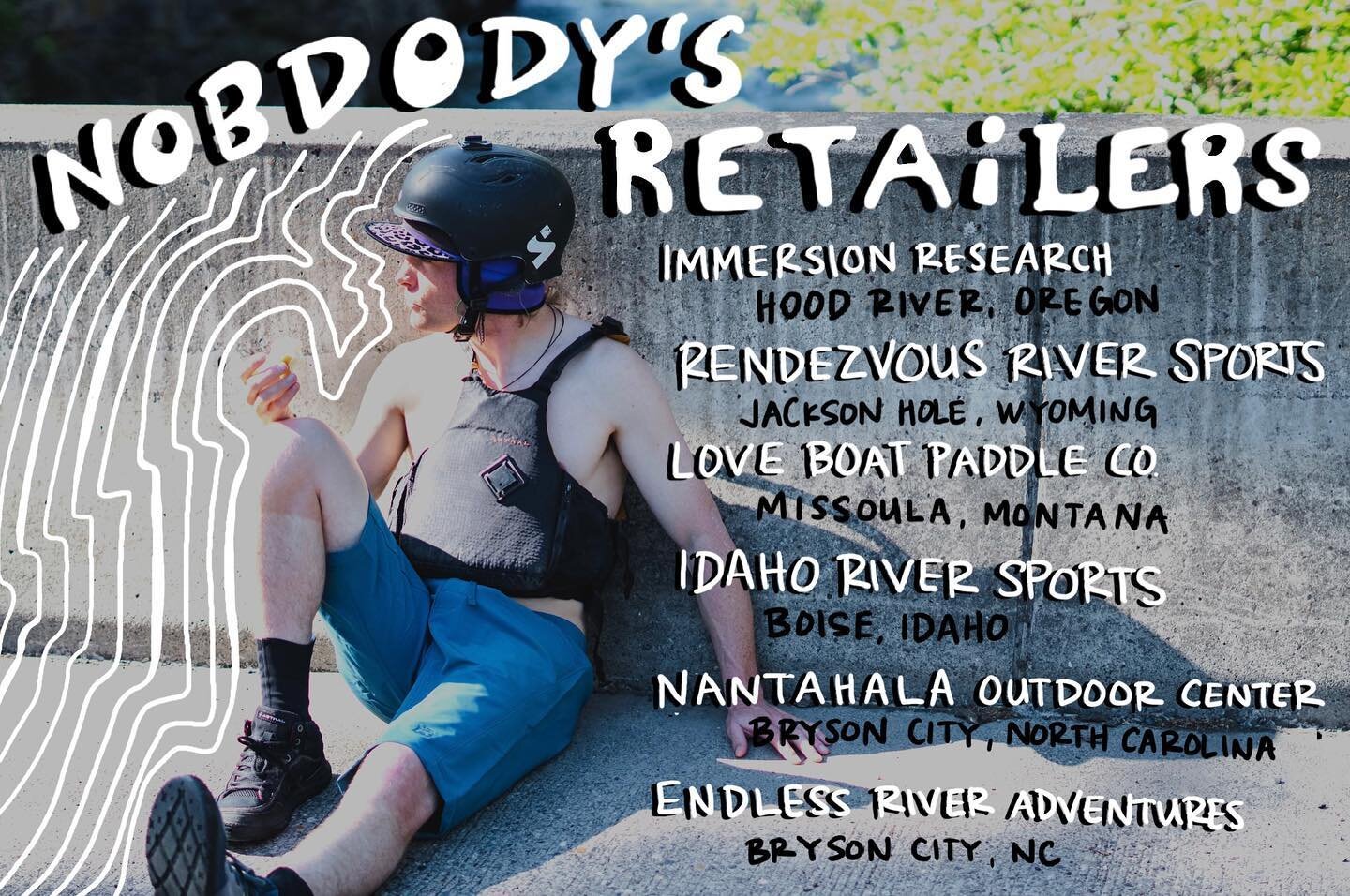 Huge thanks to our retailers for stocking Nobdody&rsquo;s across the country. 

Online sales are still ripping, but if you&rsquo;re local to any of these shops, show our brick and mortar friends some love!

@immersionresearch 
@rendezvousriversports 