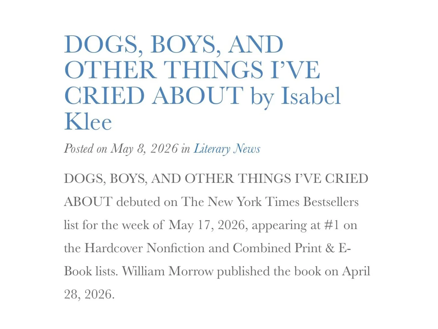 ISABEL KLEE NYT BEST SELLER