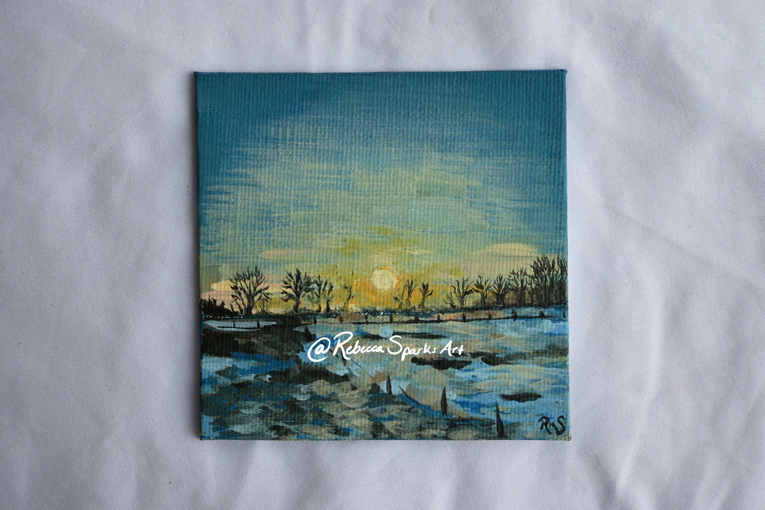 Snowy Suffolk Sunrise - 4"x4", Acrylic on canvas panel