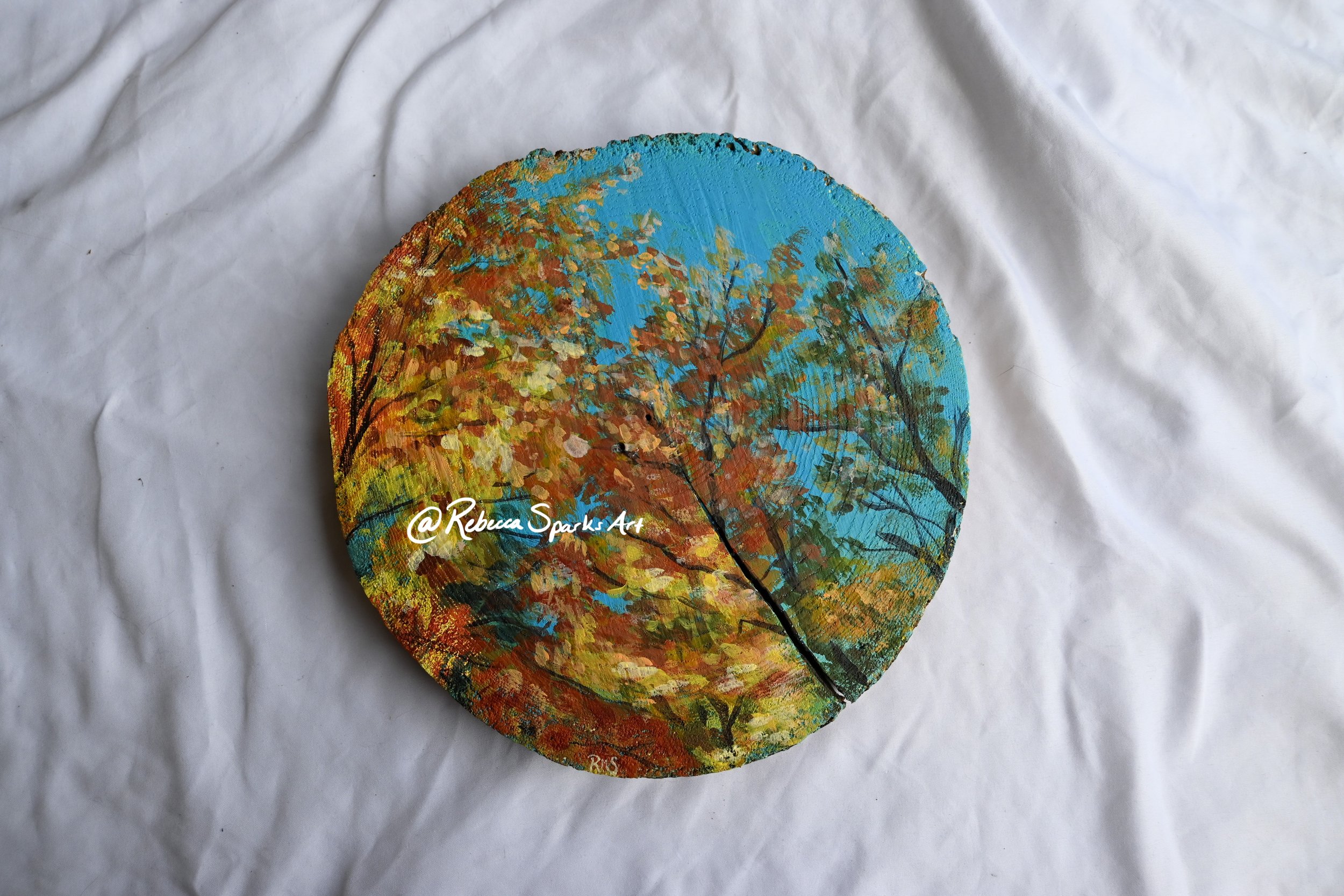 Autumn Sunlight - 10" diameter, Acrylic on tree cookie