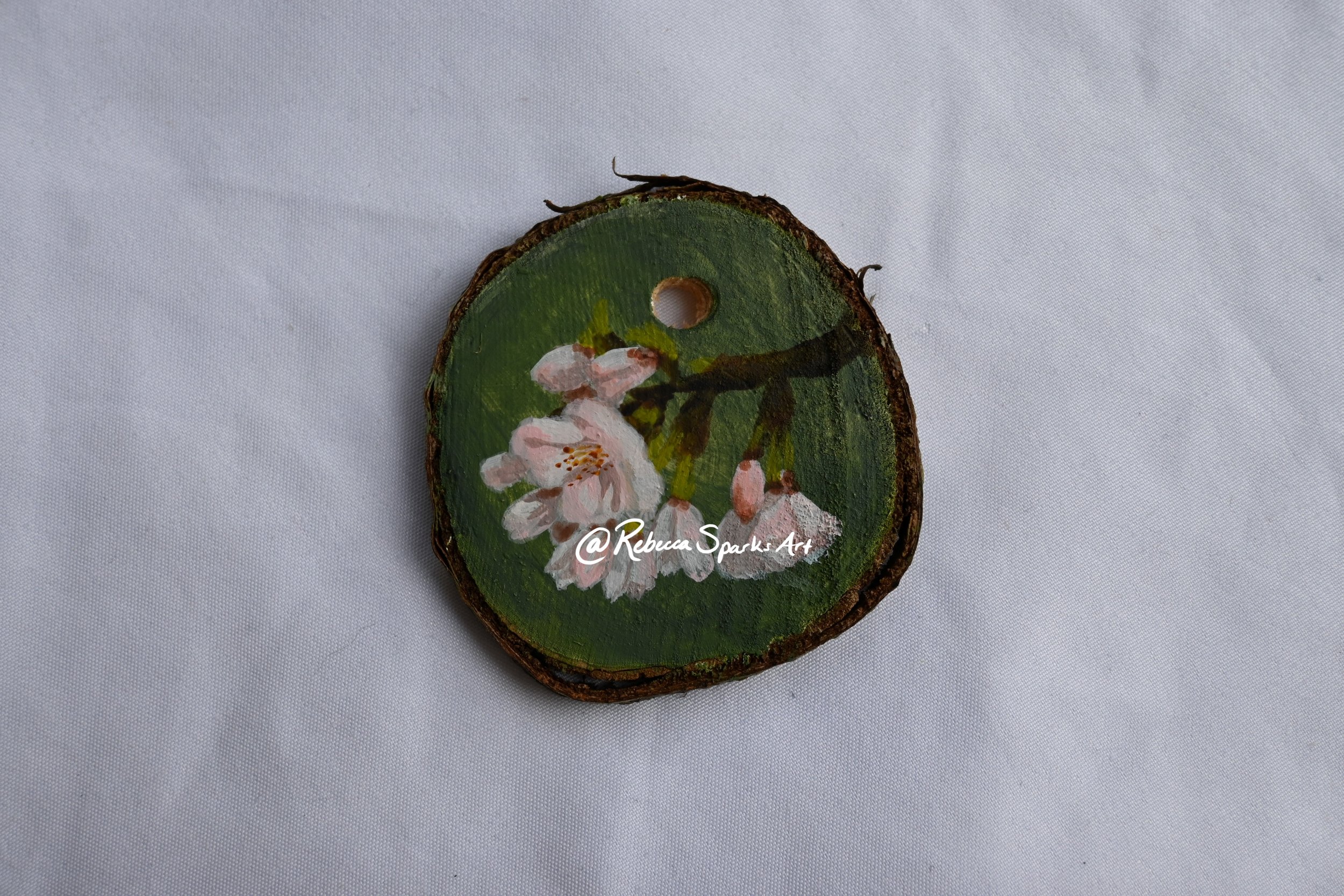 Cherry Blossoms - 2.5" diameter, Acrylic on tree cookie