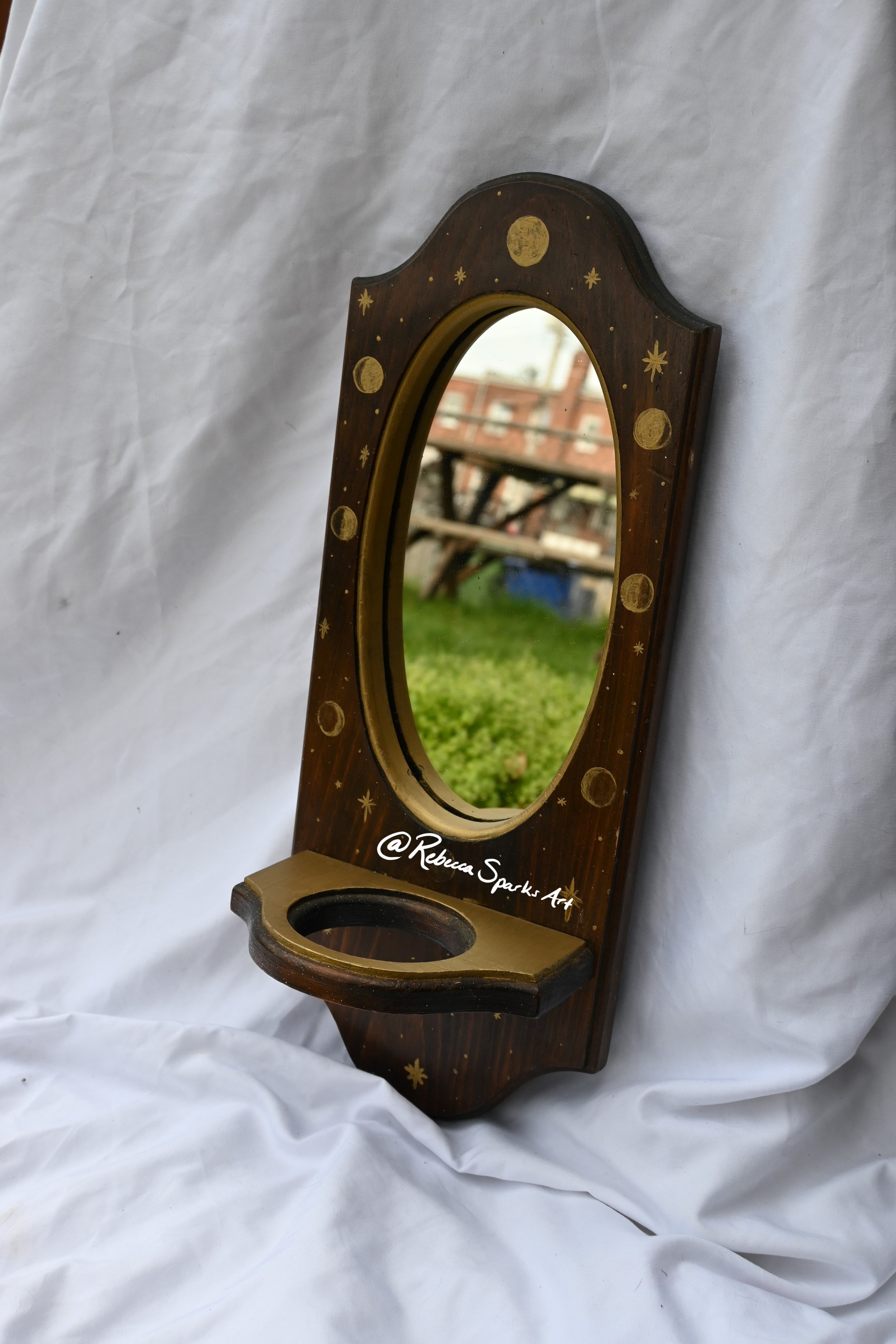 Phases & Reflections - gold paint on thrifted mirror