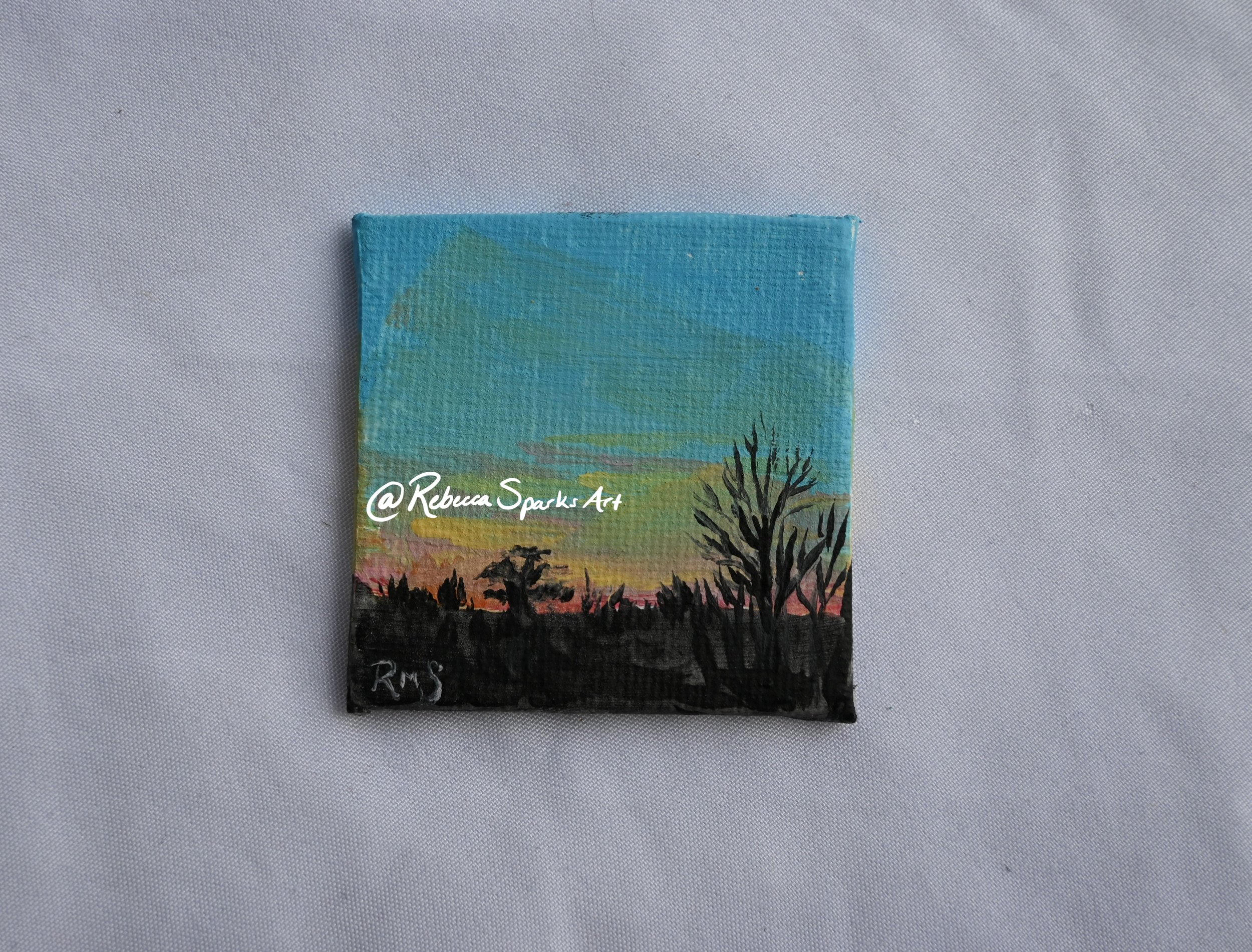 Sunset through the Windshield - 2"x2", Acrylic on canvas panel