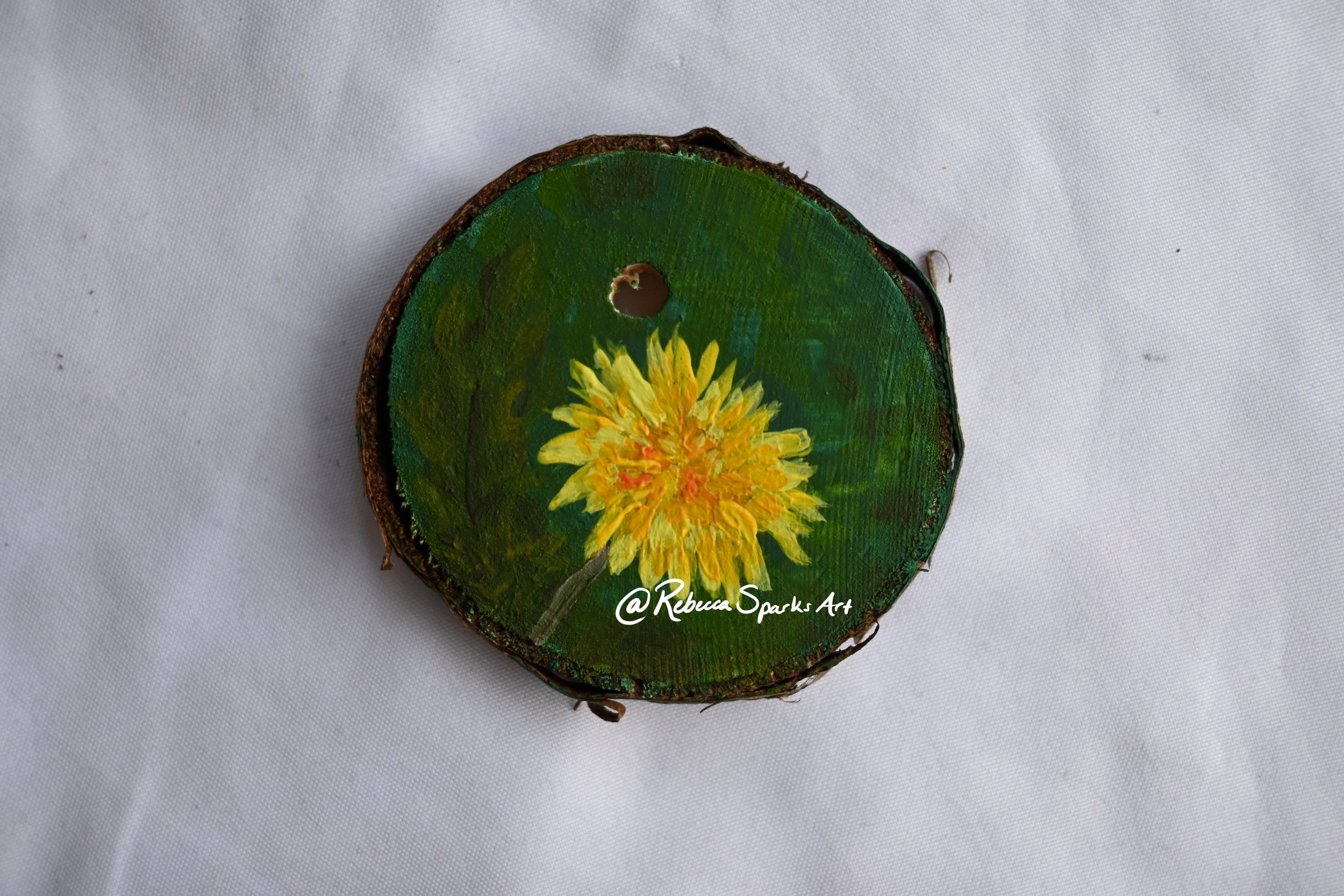 Dandelion - 2.5" diameter, Acrylic on tree cookie