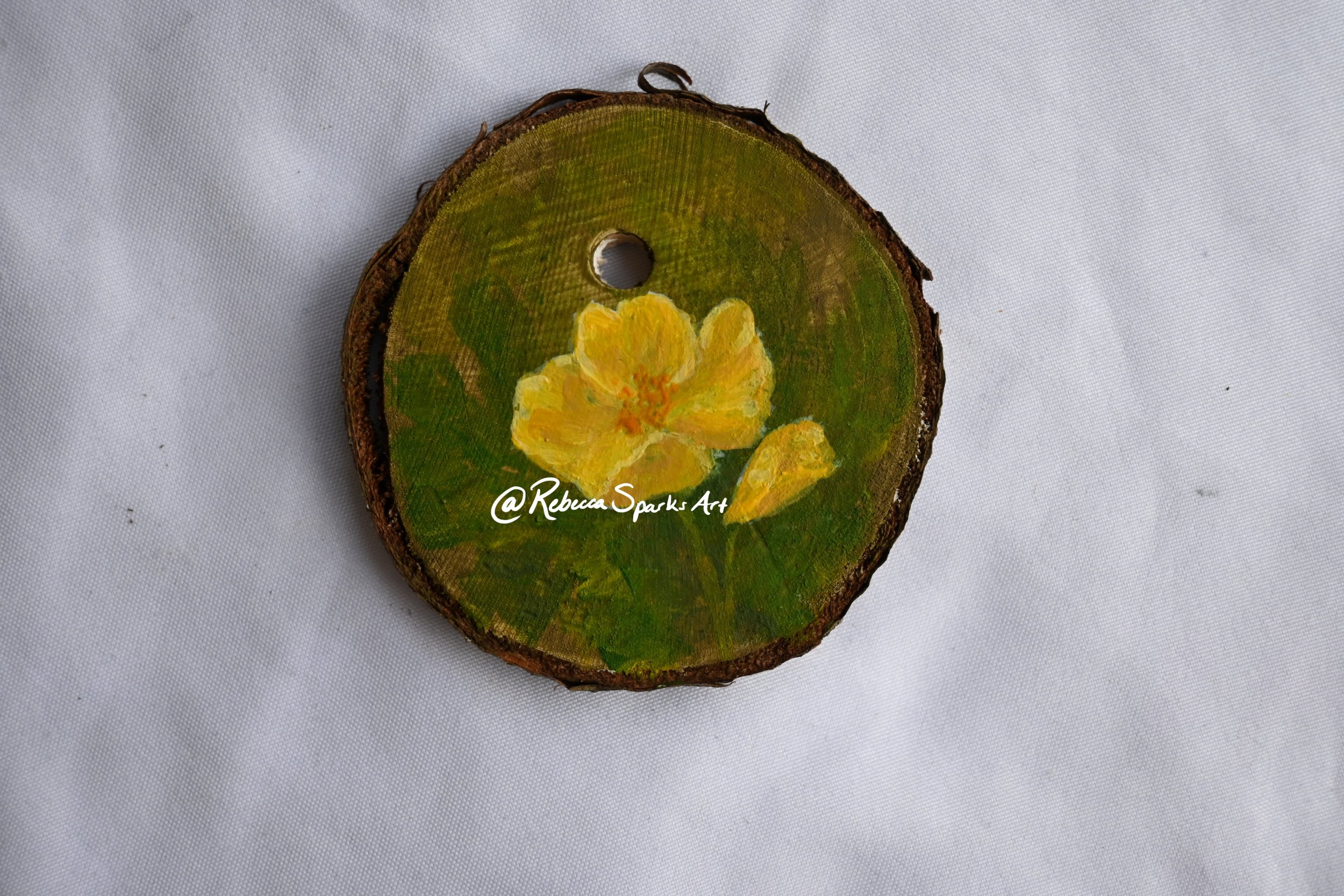 Celandine - 2.5" diameter, Acrylic on tree cookie