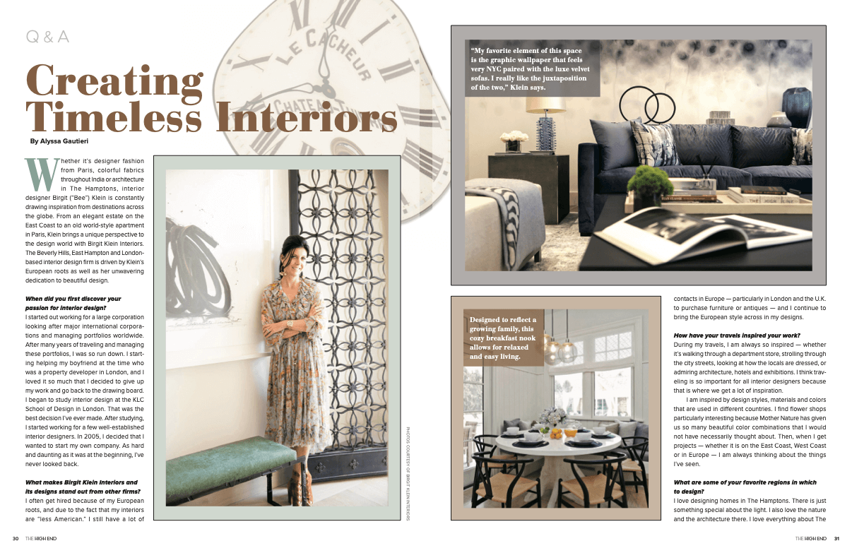The High End Magazine - an article written about Birgit Klein and her success in interior design.