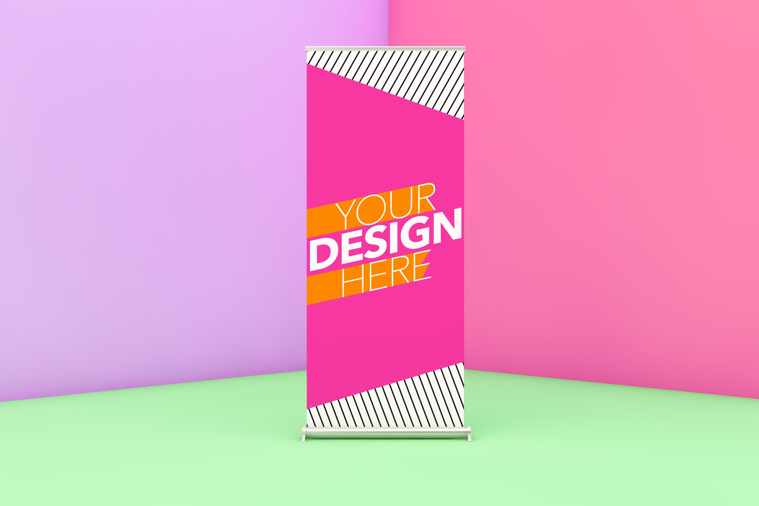Colorful vertical banner with a pink background, black and white striped accents, and the placeholder text 'Your Design Here' in white and orange letters.