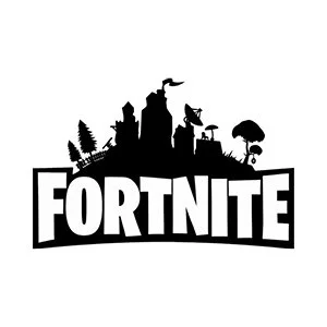 Black and white Fortnite logo with stylized cityscape and characters