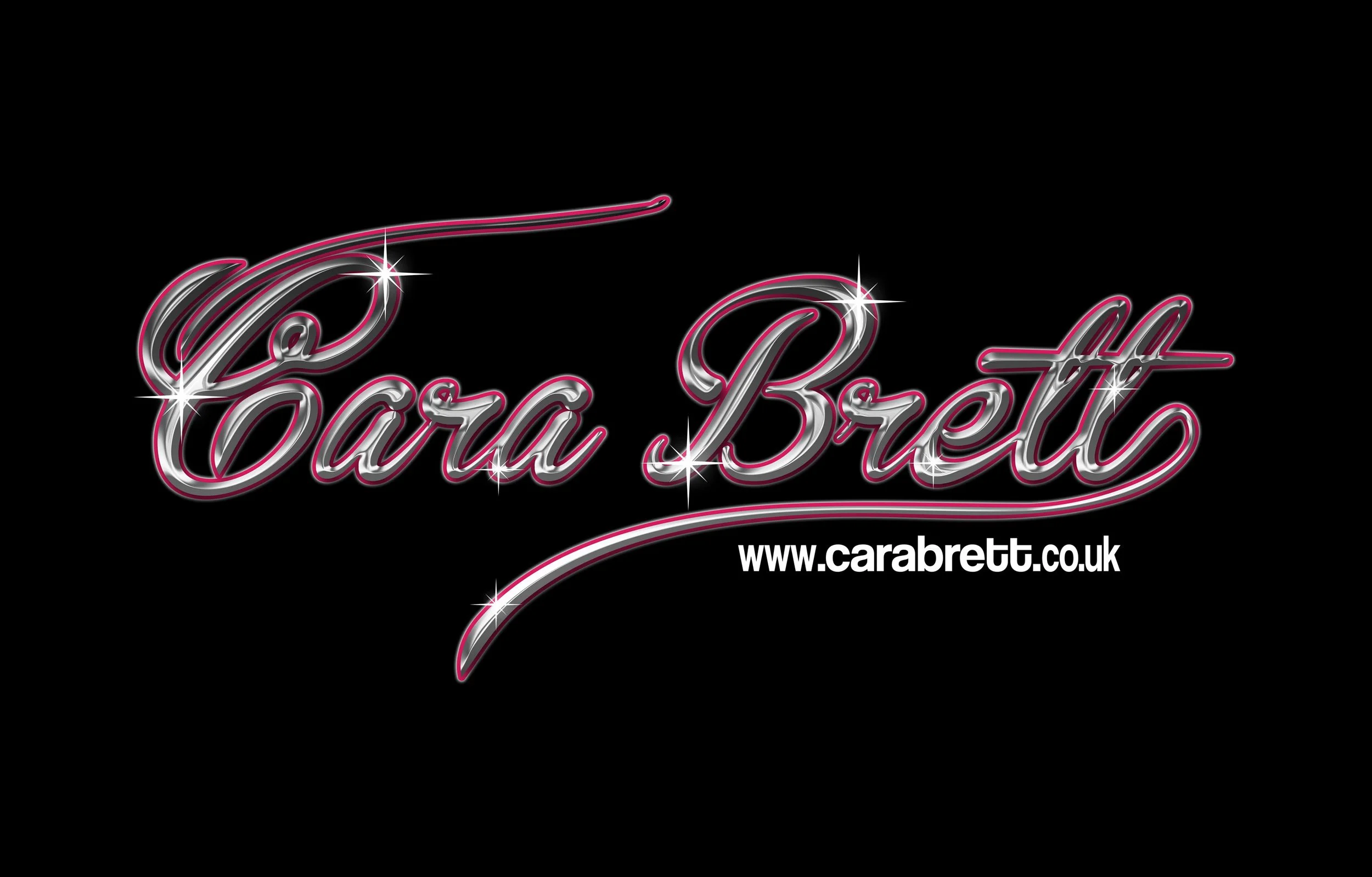 Design featuring the name 'Cara Brett' in shiny, cursive font with pink and silver outline, plus the website 'www.carabrett.co.uk' against a black background.