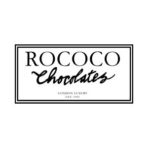 Logo for Rococo Chocolates with black text on a white background, featuring a rectangular border.