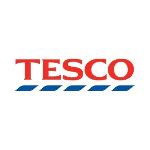 Tesco logo with red text and blue stripes underneath