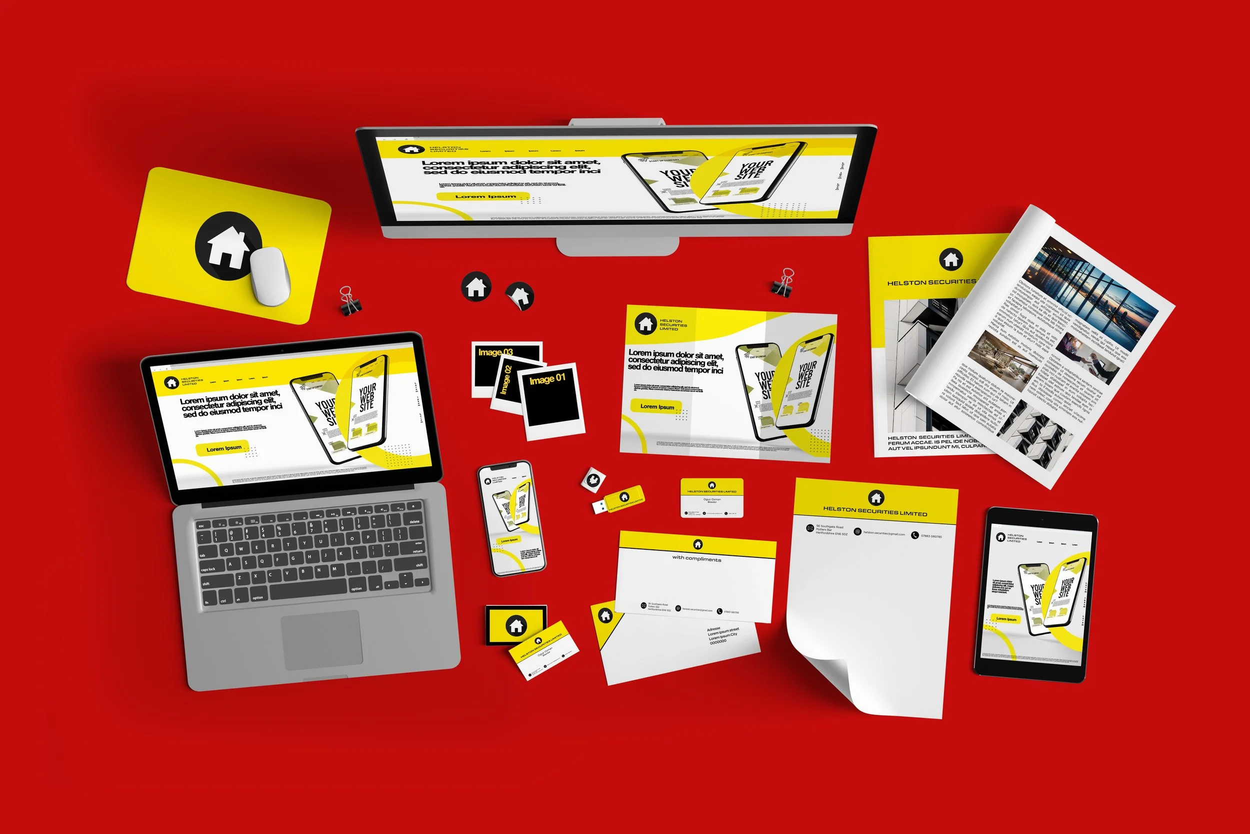 A bright red desk cluttered with various business branding materials, digital devices, and stationery items. These include a laptop, smartphone, tablet, desktop monitor, printed flyers, business cards, a USB drive, and a mouse pad, all featuring a yellow, black, and white design theme for Helston Securities Limited.