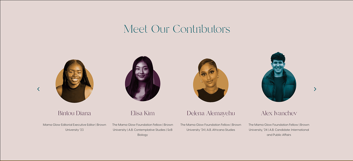 With over 12 contributors (their profiles colorized to match their sections), we put them on a carousel.