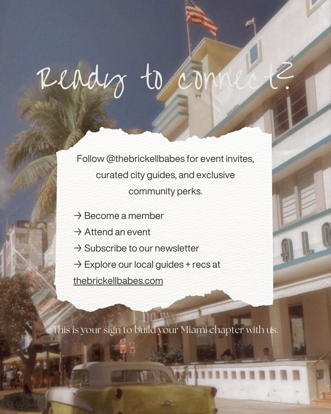 A sign with teal border, a white background, and torn paper edges, over a background of a building with an American flag, palm tree, and cars on a sunny day.