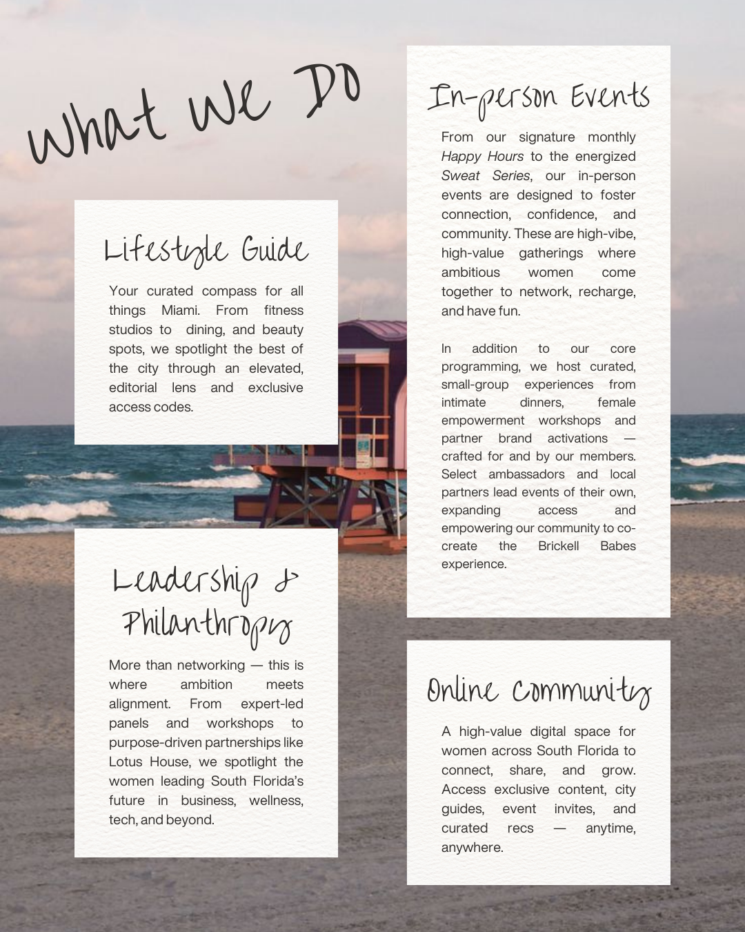 Beach scene with lifeguard tower and informational text about activities and community events in Miami, Florida.