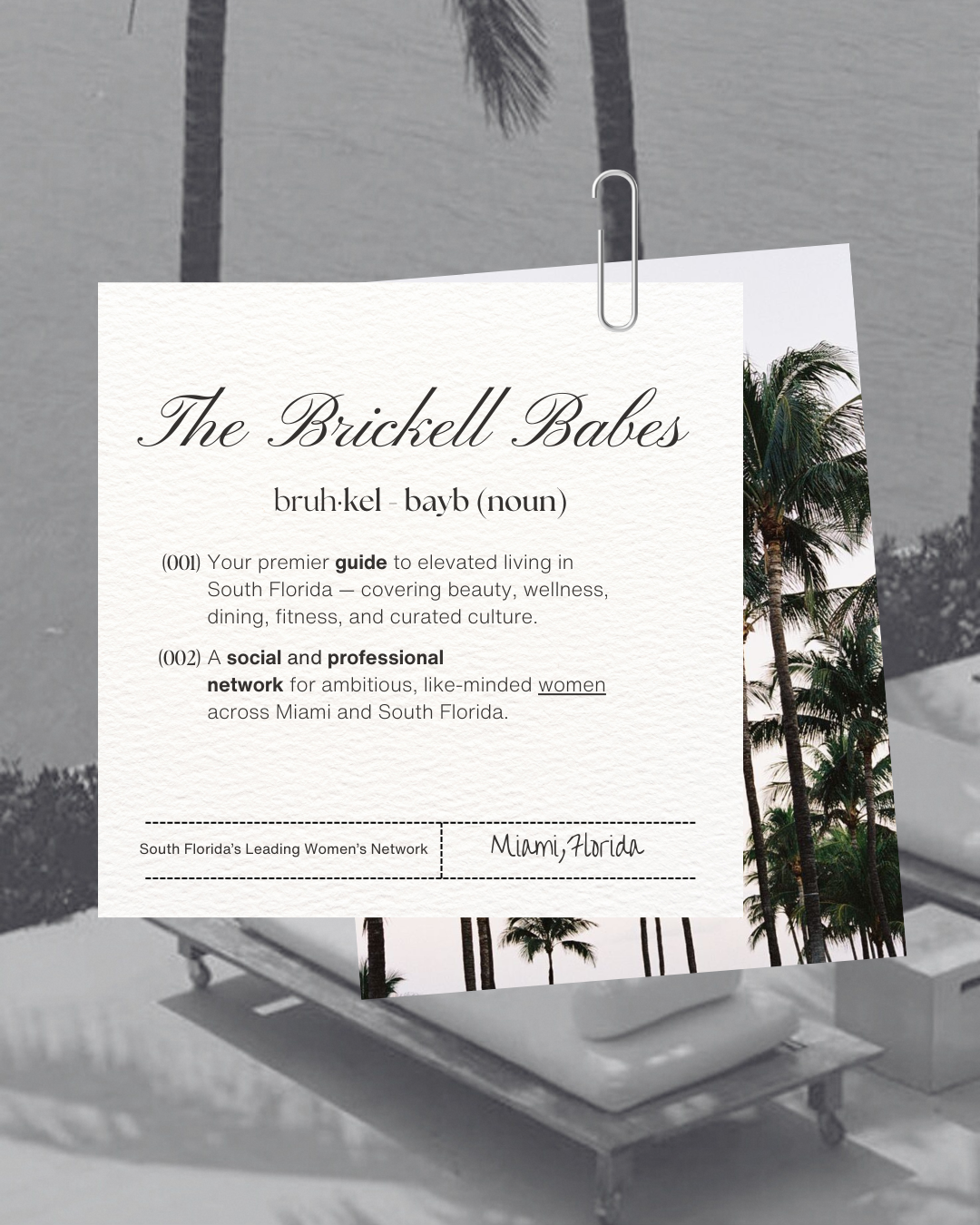A printed flyer with palm trees in the background promoting The Buckell Babes, a network for ambitious women in South Florida, Miami, Florida.