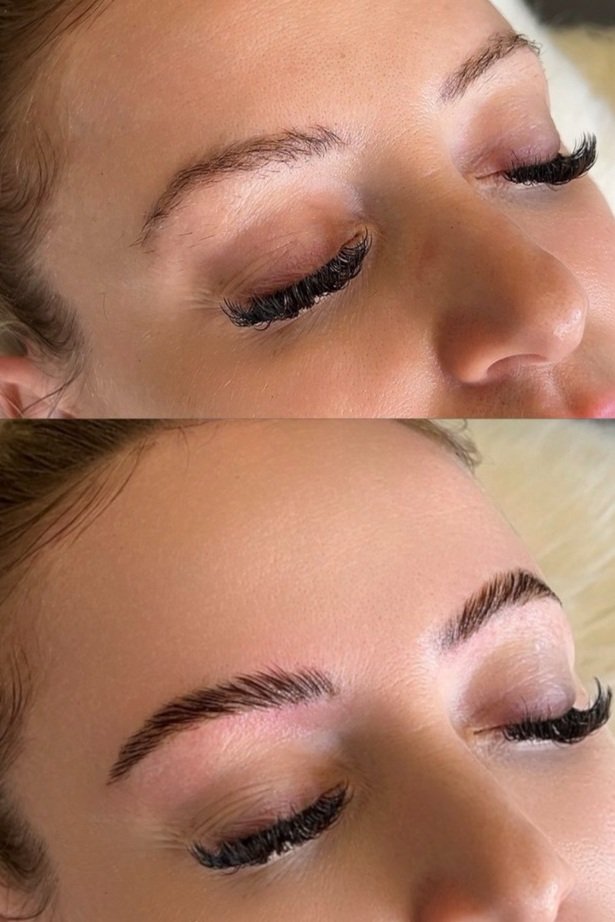 before and after photo of brow lamination on woman with long eyelashes