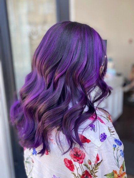 finished work of purple and dark brown streaked vivid hair