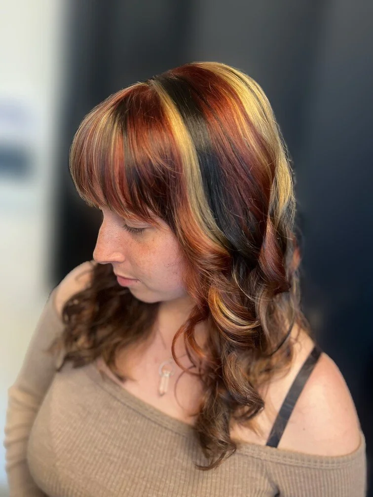 woman showng multi coloured hair thats black brown and blonde