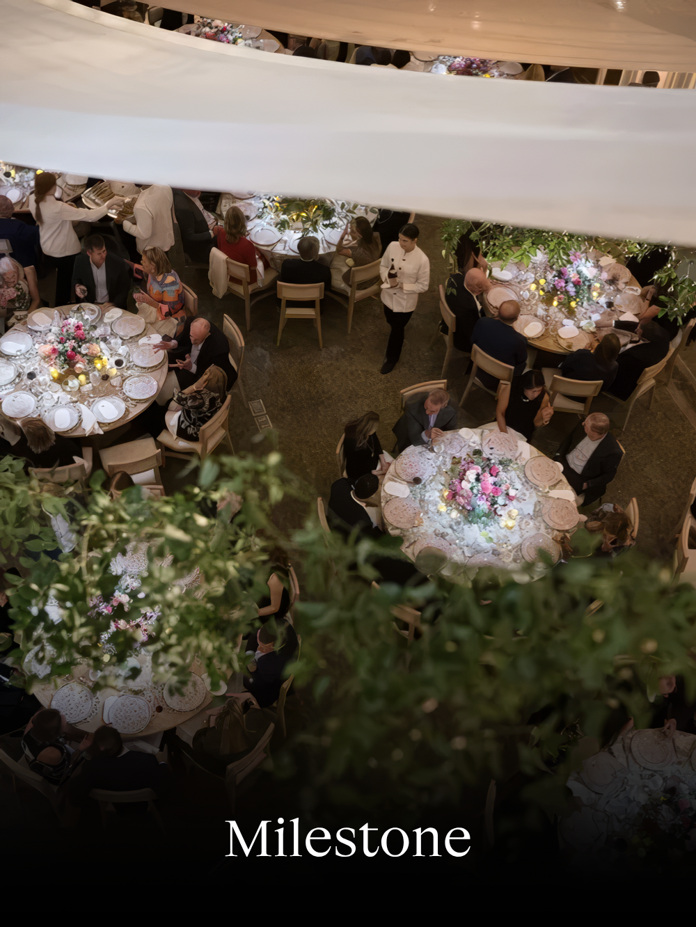 Luxury private dinner party with floral tablescapes and draped ceiling installation