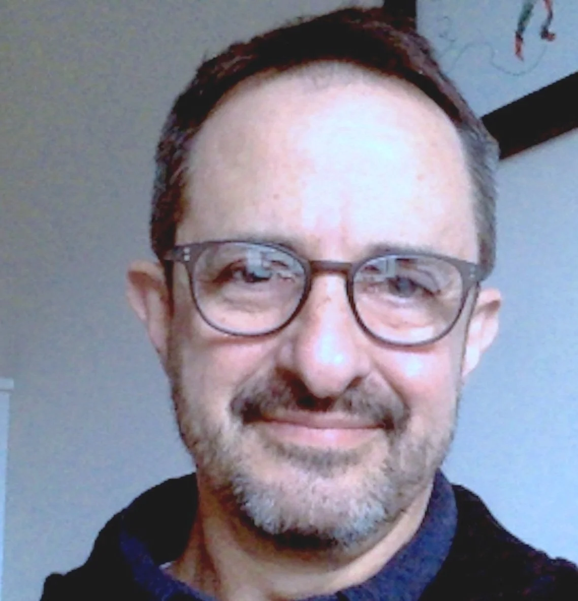 A man with glasses and a short beard smiling, with a wall and a framed picture in the background.