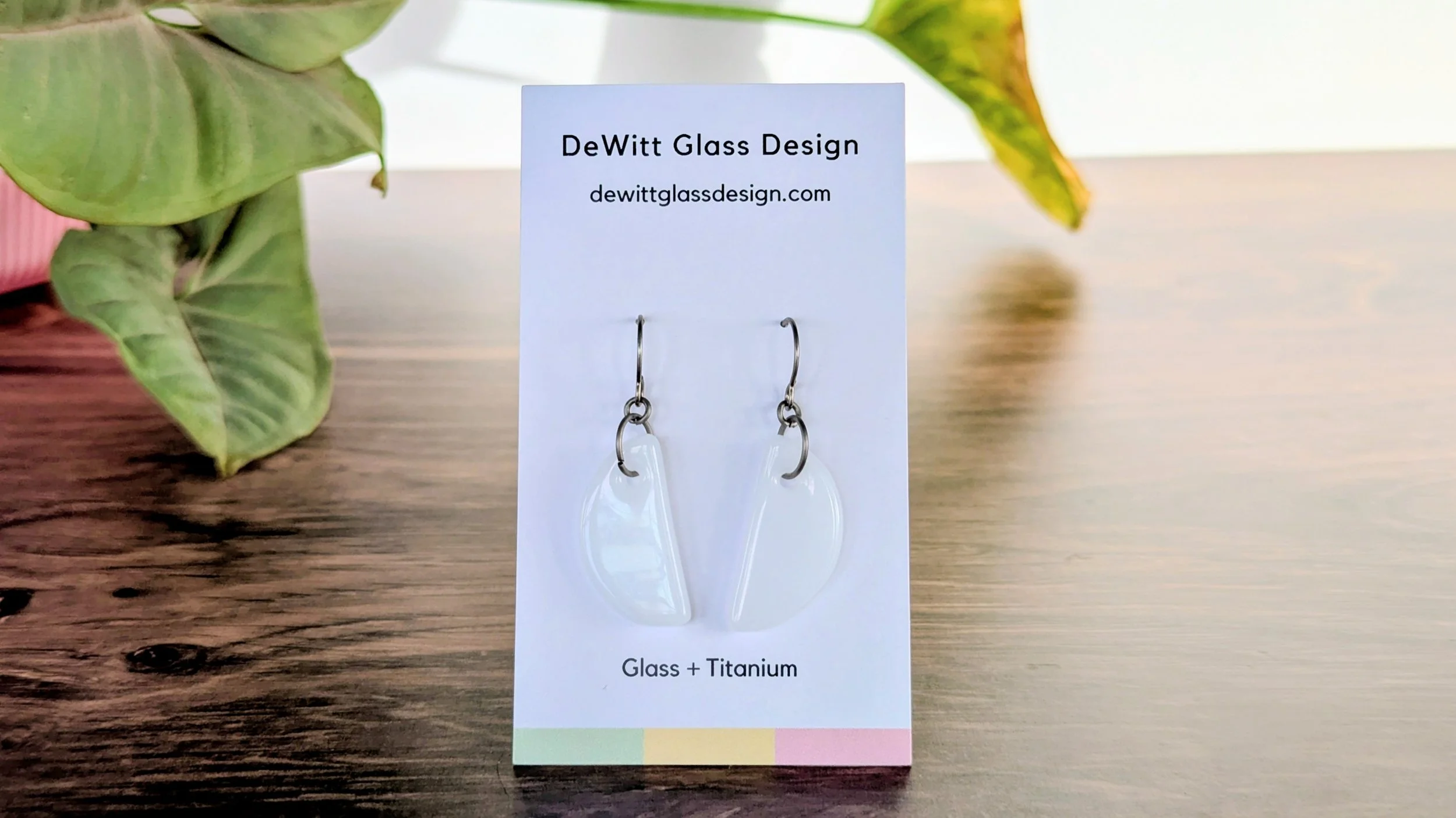 White Half Circle Glass + Titanium Dangle Earrings