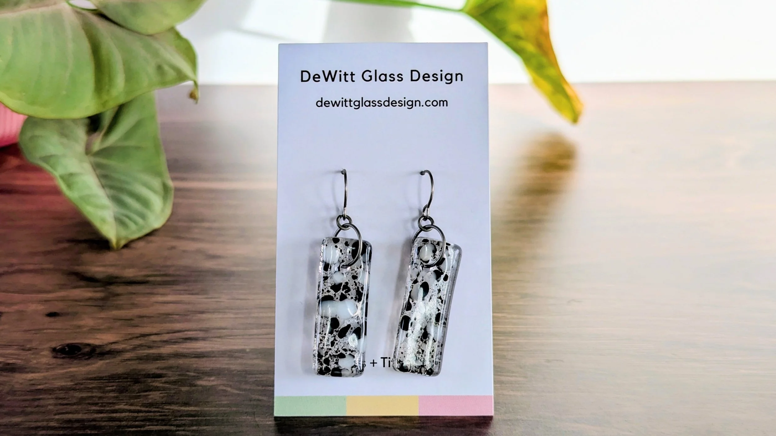 Black and White Speckled Rectangle Glass + Titanium Dangle Earrings