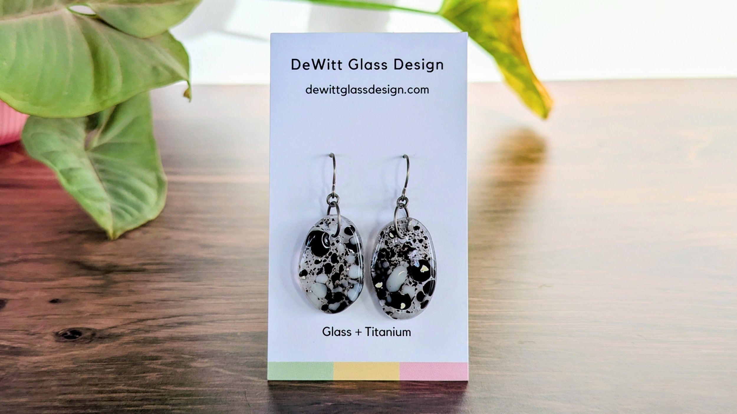 Black and White Speckled Oval Glass + Titanium Dangle Earrings