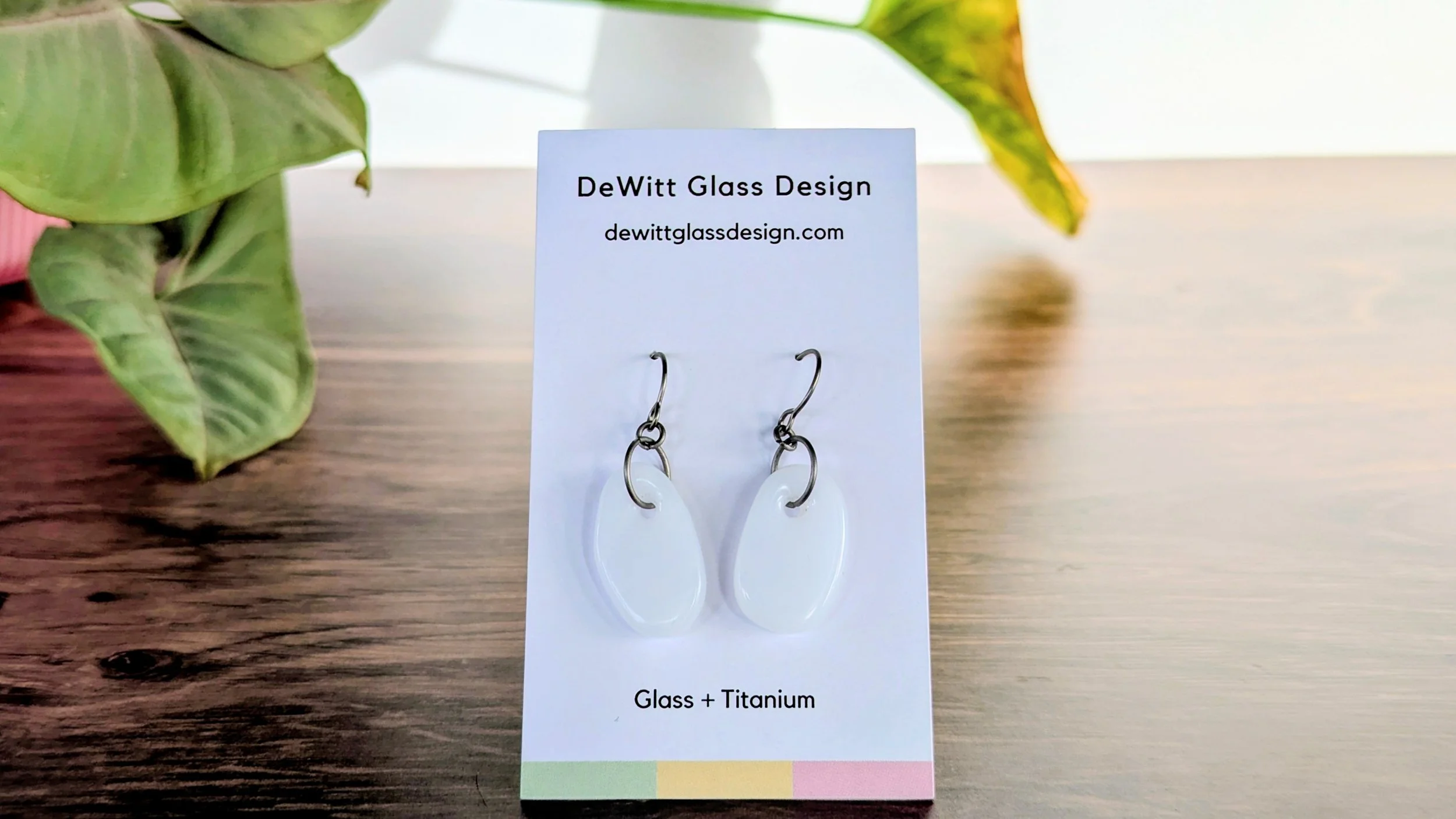White Oval Glass + Titanium Dangle Earrings