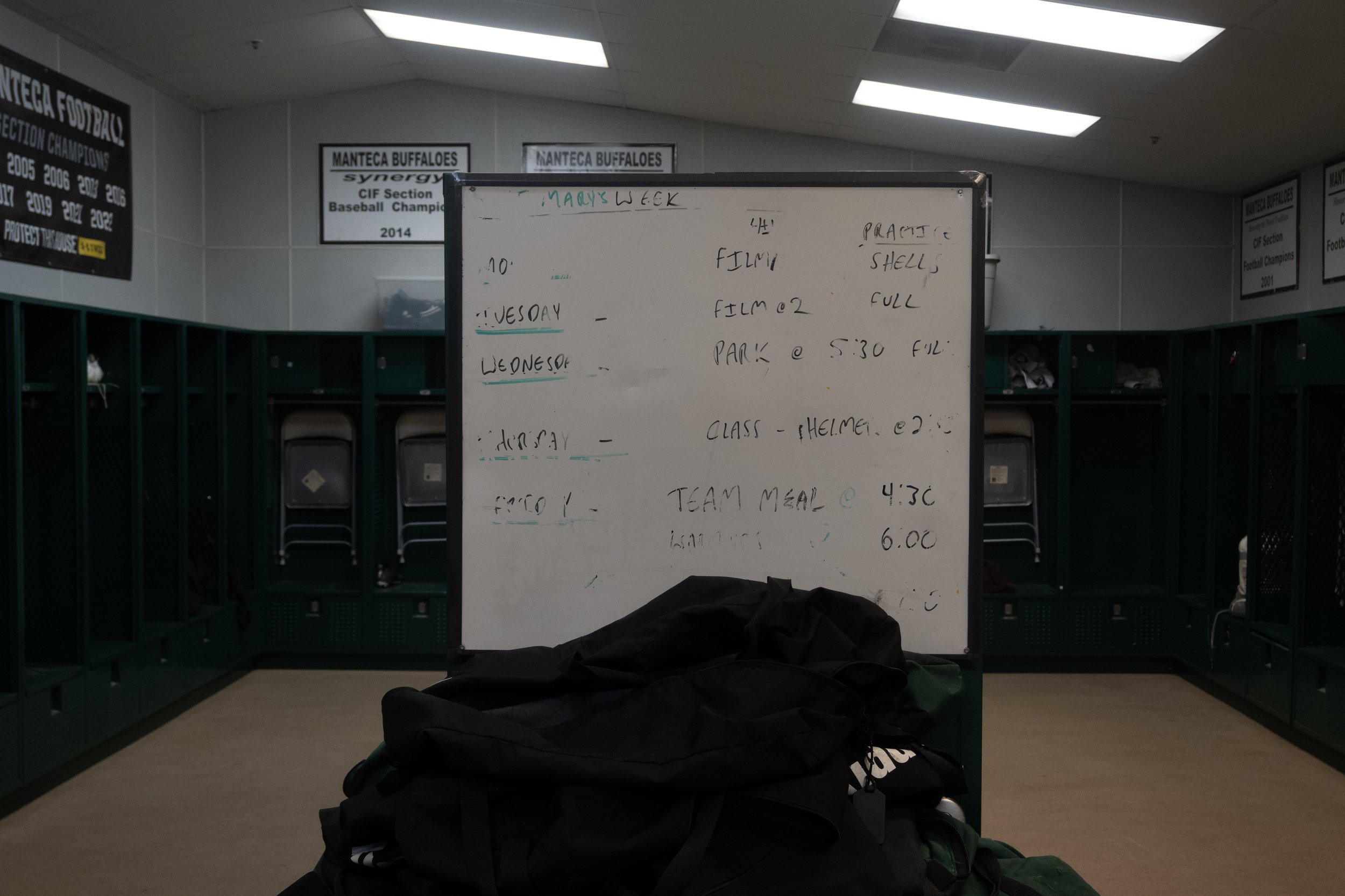 A whiteboard in the football boy's locker room at Manteca High School in Manteca, California, where Jose Rios and teammates meet to discuss an important matchup. This picture was taken on Feb. 4, 2026. (Raul Figueroa/The Tower)&nbsp; 