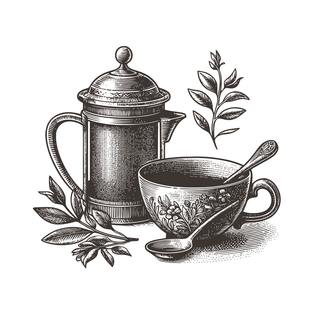 A vintage-style illustration of a teapot, a cup with a spoon, and some leaves.