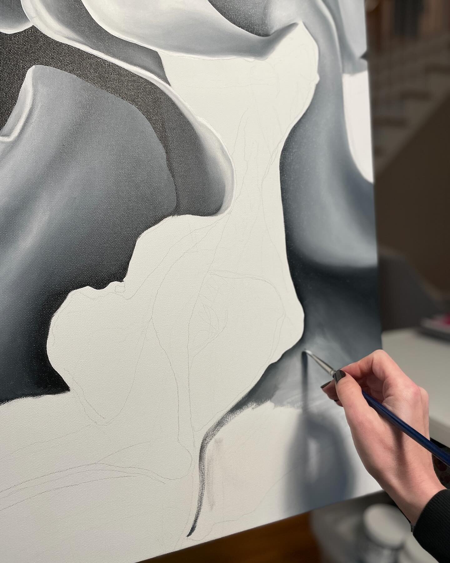 Chipping away at this painting.  It&rsquo;s all about the lines and the curves and the darks and the lights in this piece. I feel when I paint in black and white, the form of the flower shines because it can&rsquo;t hide behind bright color.  In a wa