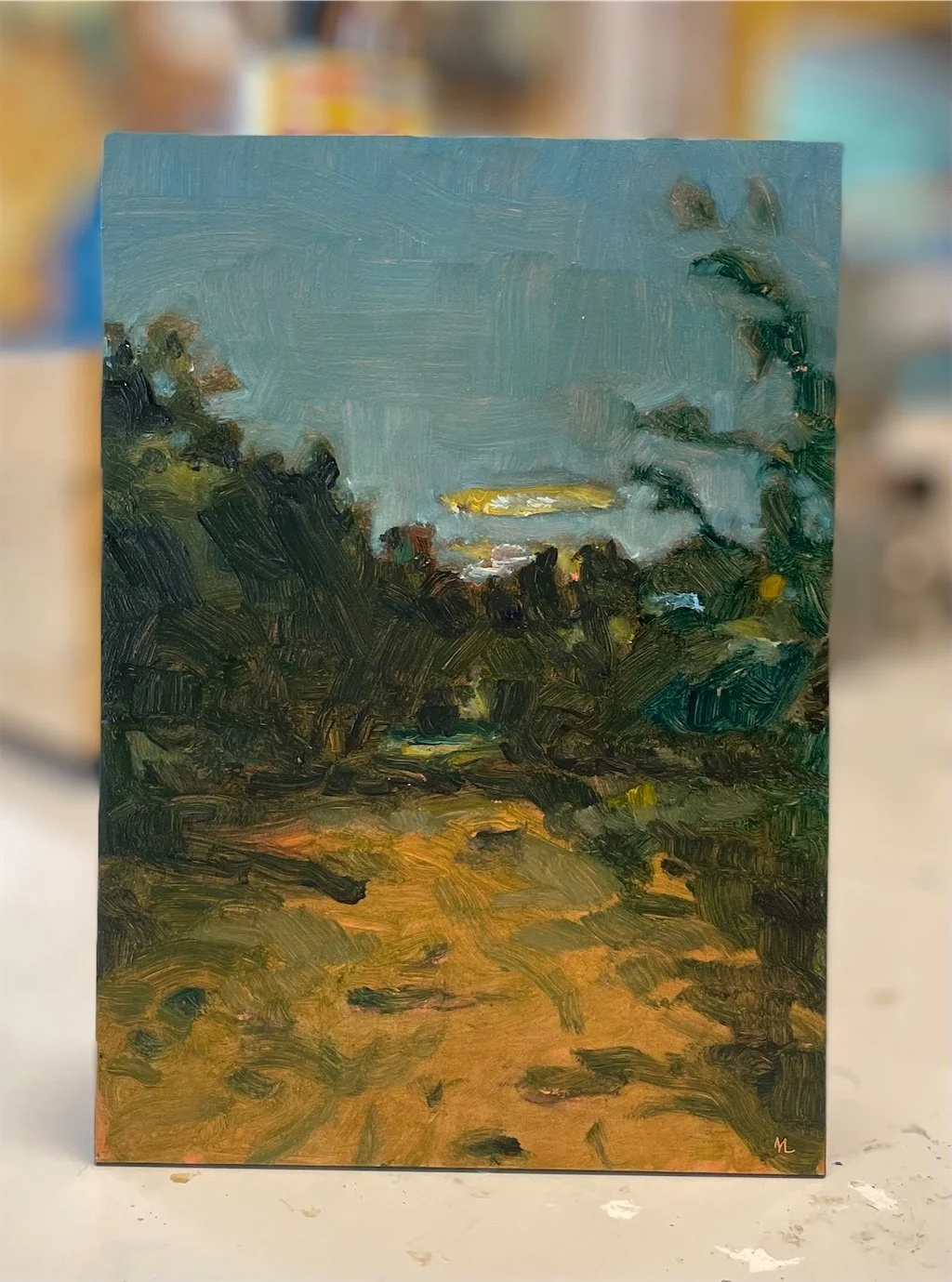 Sunrise South Austin Park 2022, 5 x 7", oil on panel. $300