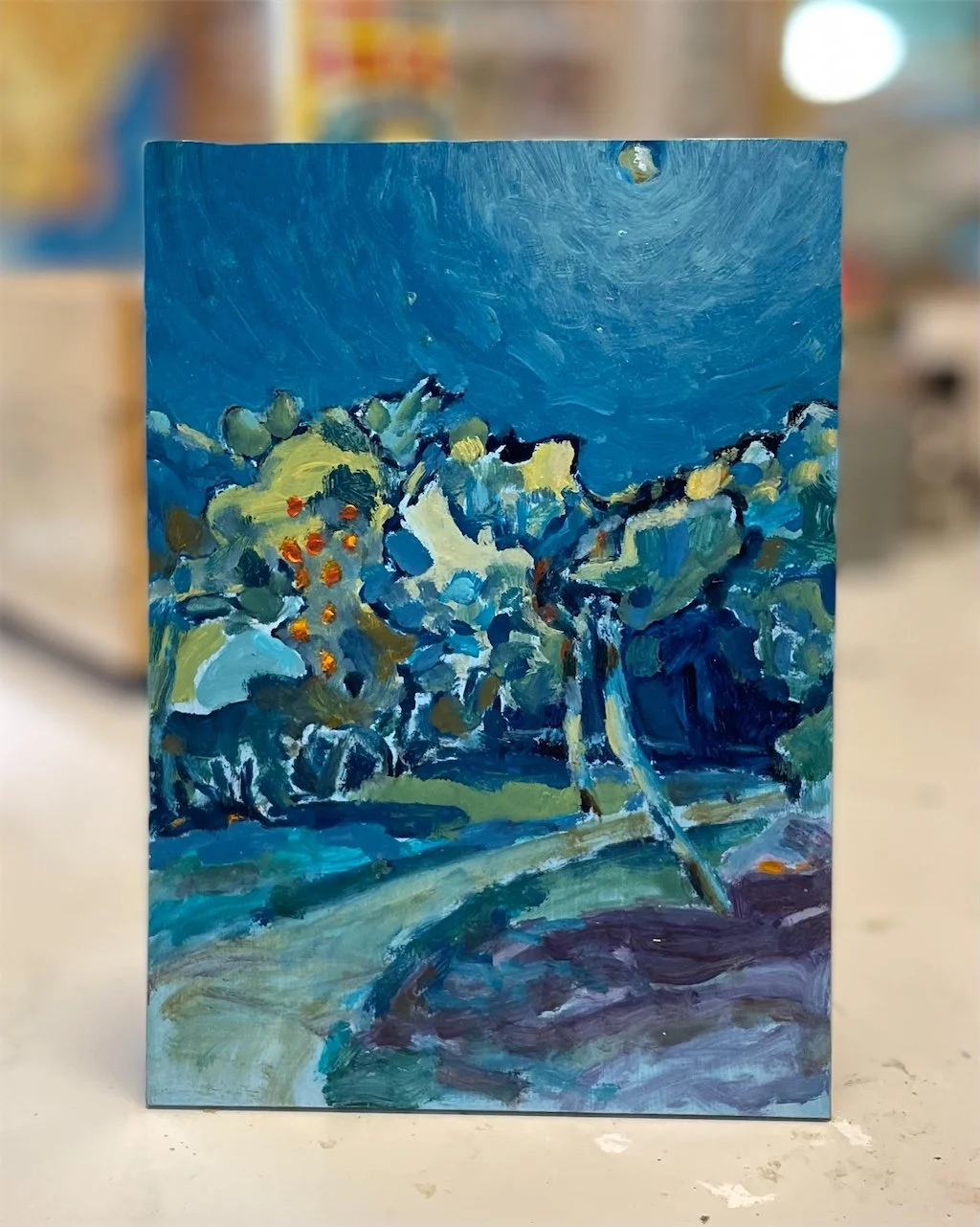Moonset South Austin Park 12.2021, 5 x 7", oil on panel. $300
