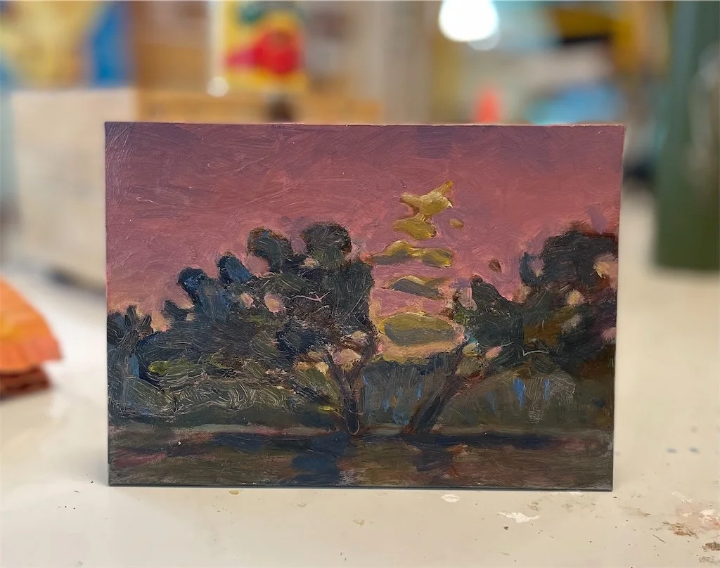 Sunrise Looking East South Austin Park 2022, 5 x 7", oil on panel. $300