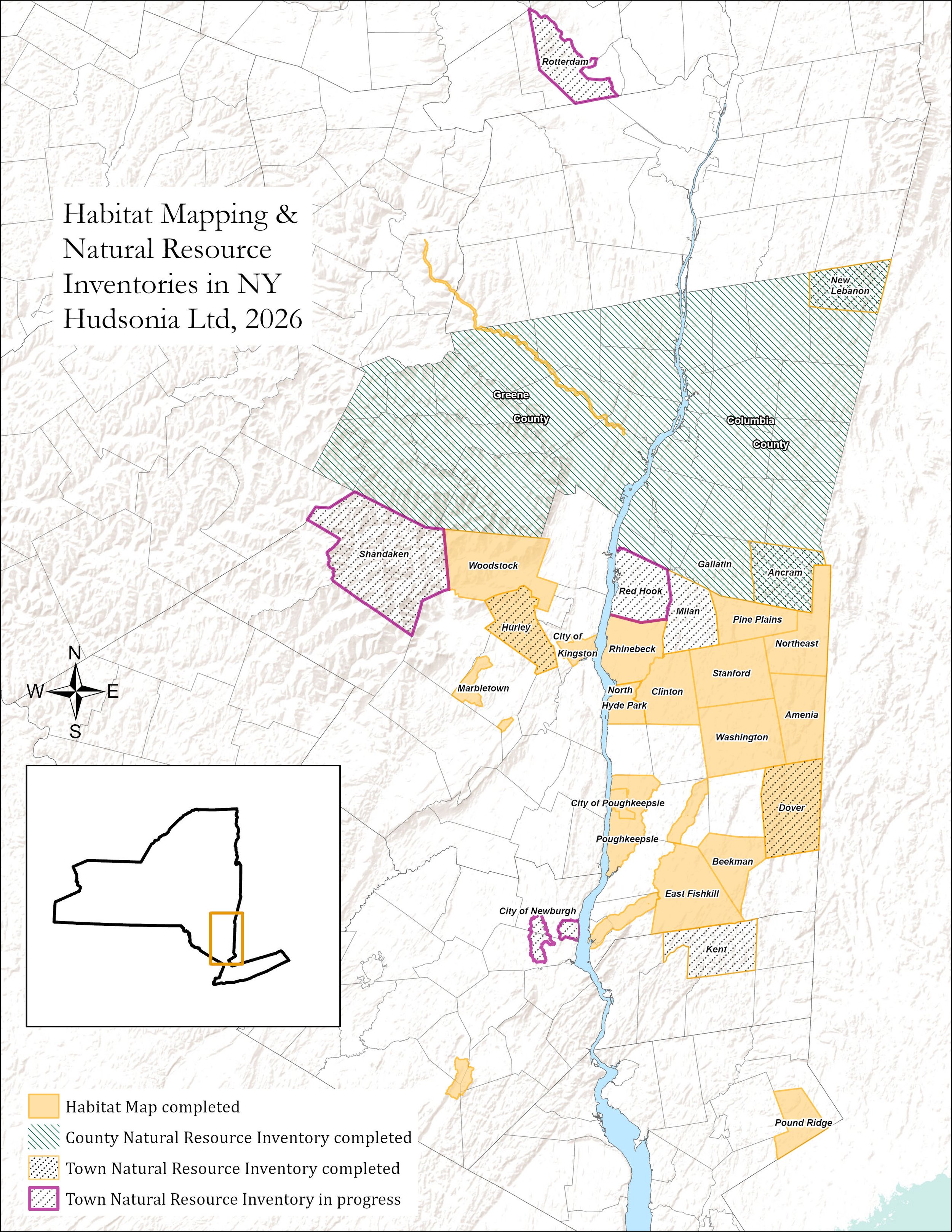 map showing highlighted areas where Hudsonia has done NRI or habitat mapping projects