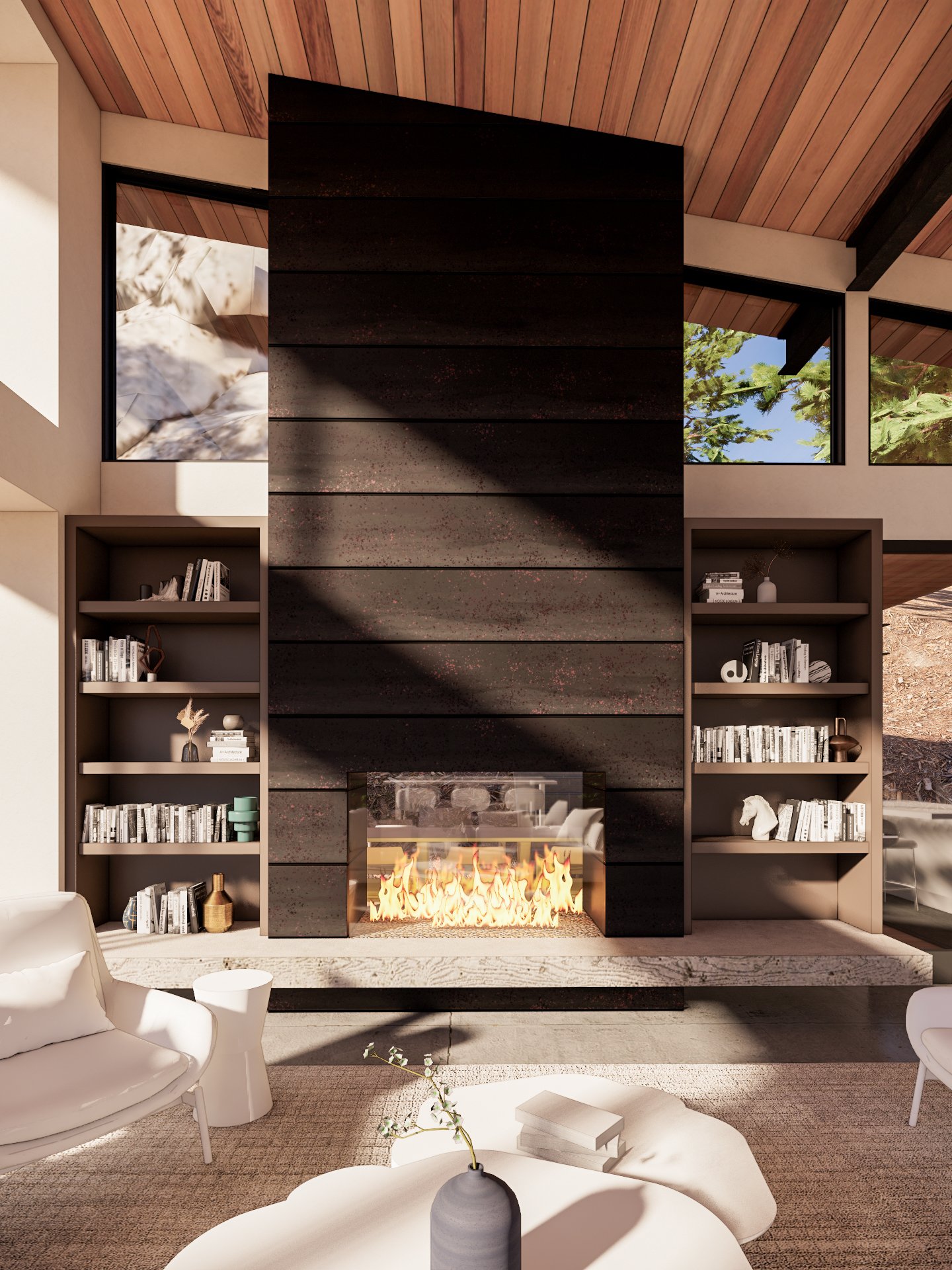 Boulder Retreat rendering of living room fireplace