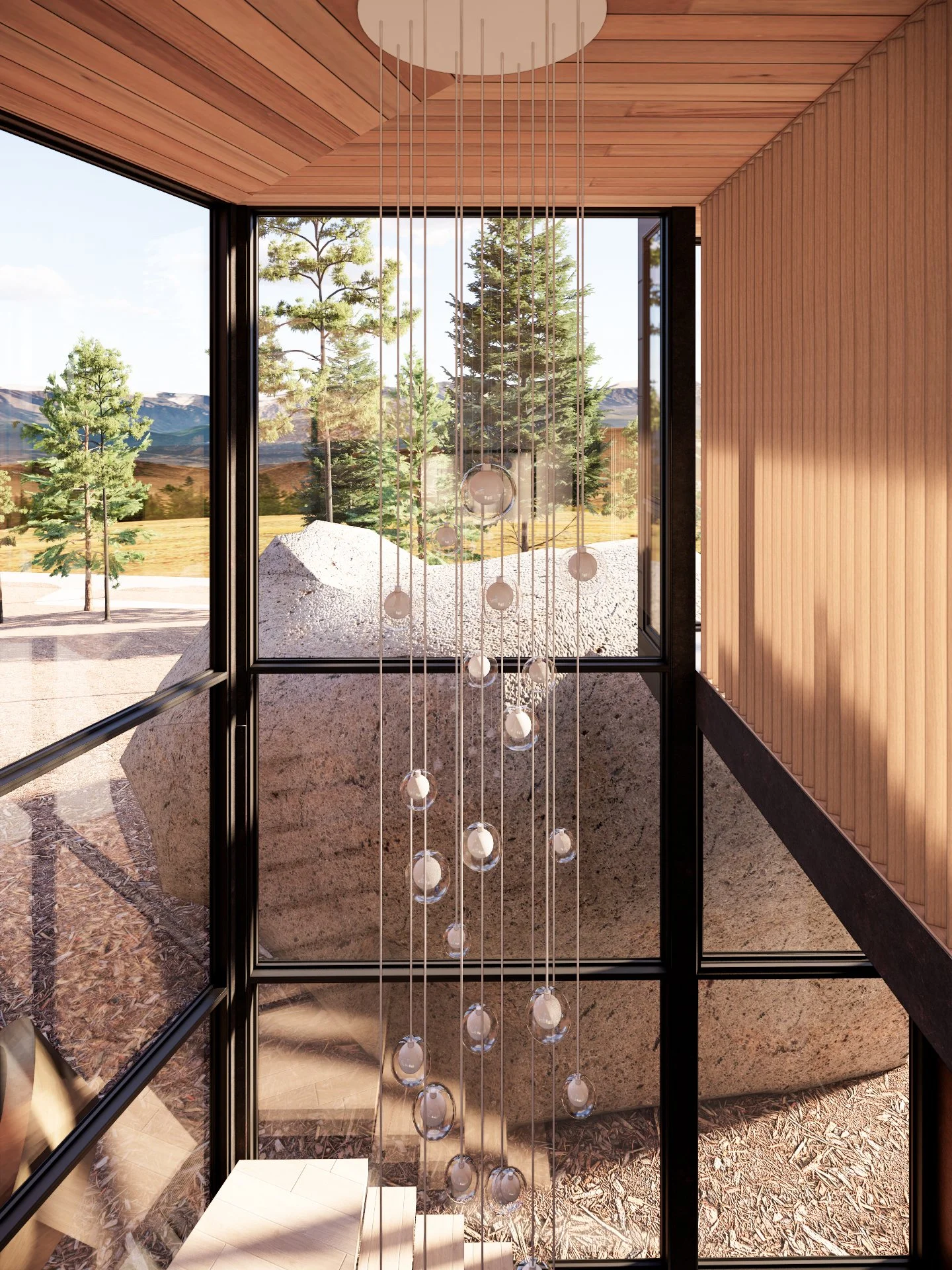 Boulder Retreat rendering of stair chandelier