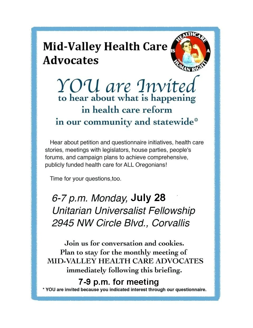 Orientation and Meeting Monday, July 28.